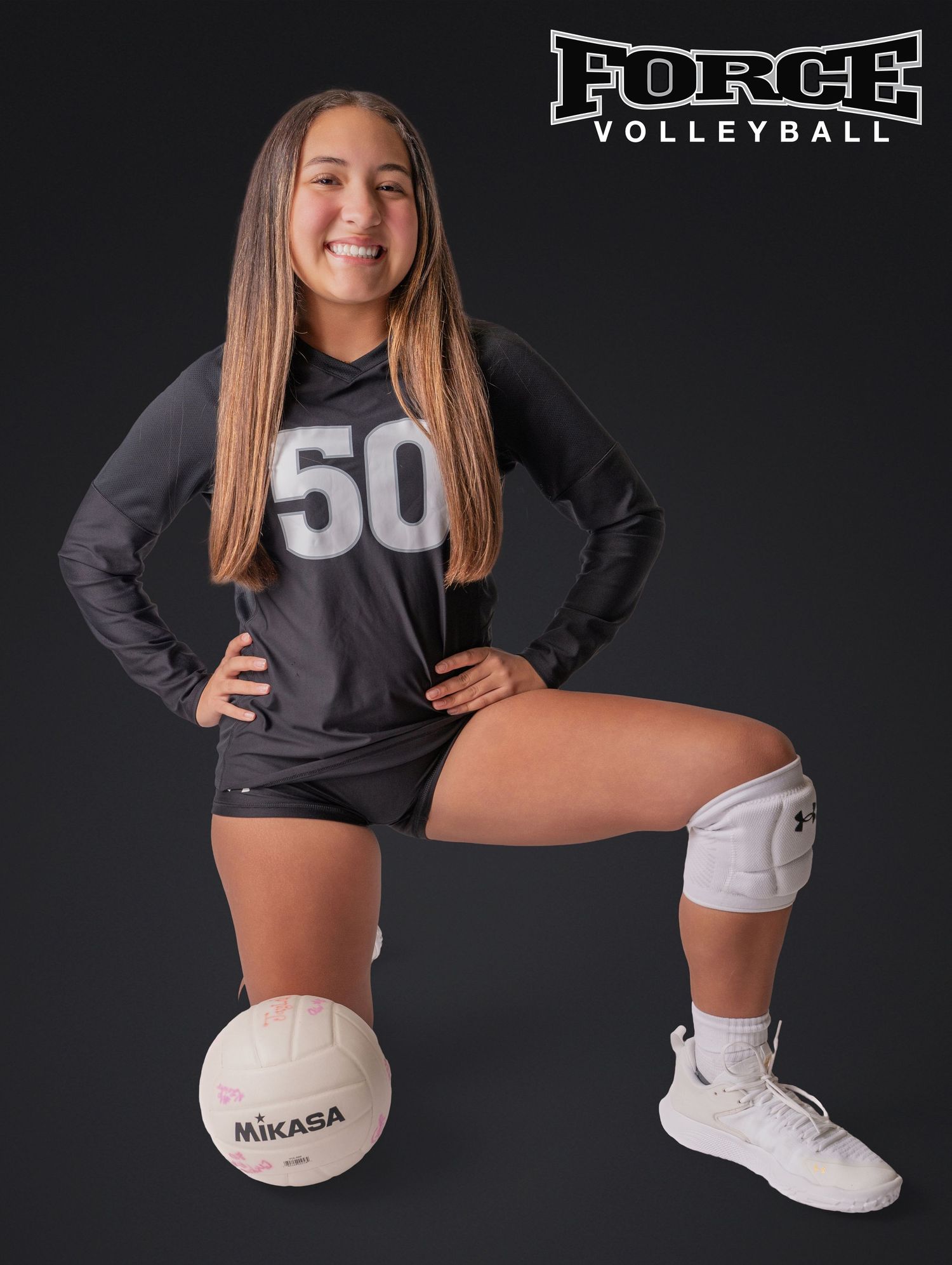 Studio portrait series featuring Force Volleyball player in black uniform with Mikasa volleyball.