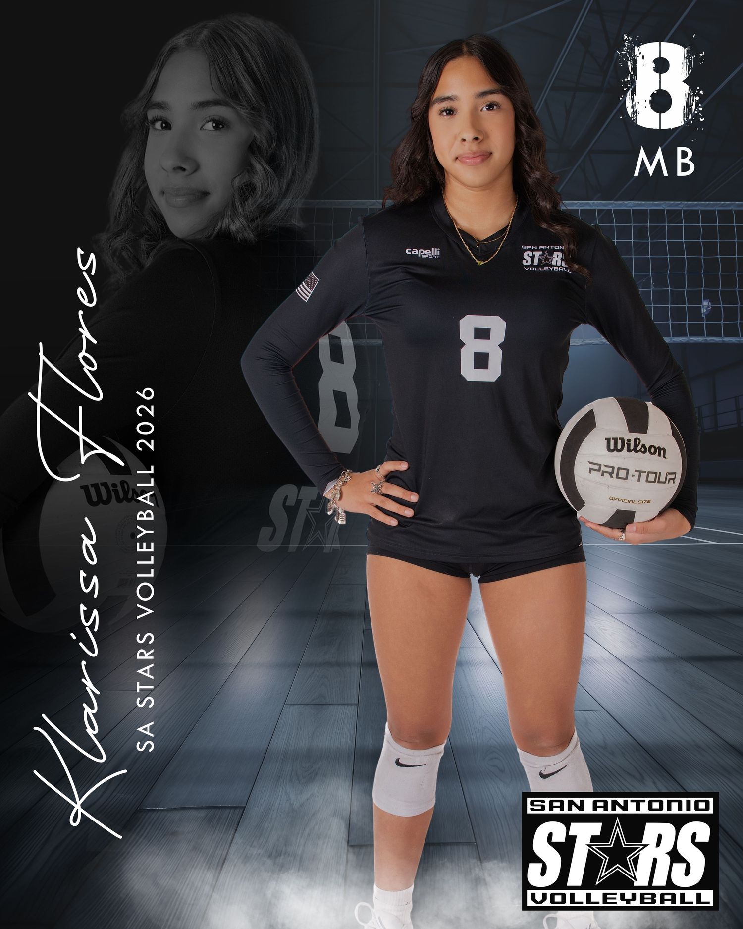 Professional volleyball player wearing jersey number 8 poses with ball against dark background with graphic effects.