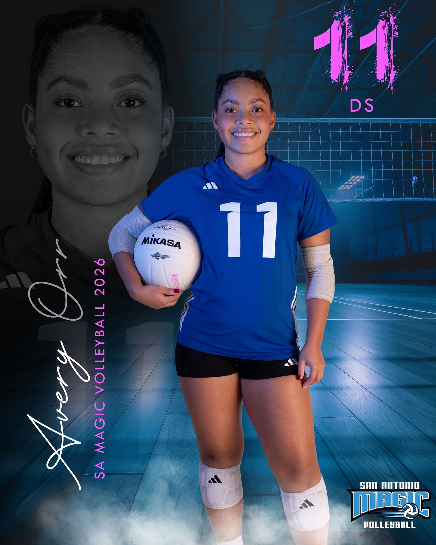 Volleyball player number 11 poses in dramatic lighting with neon design elements.
