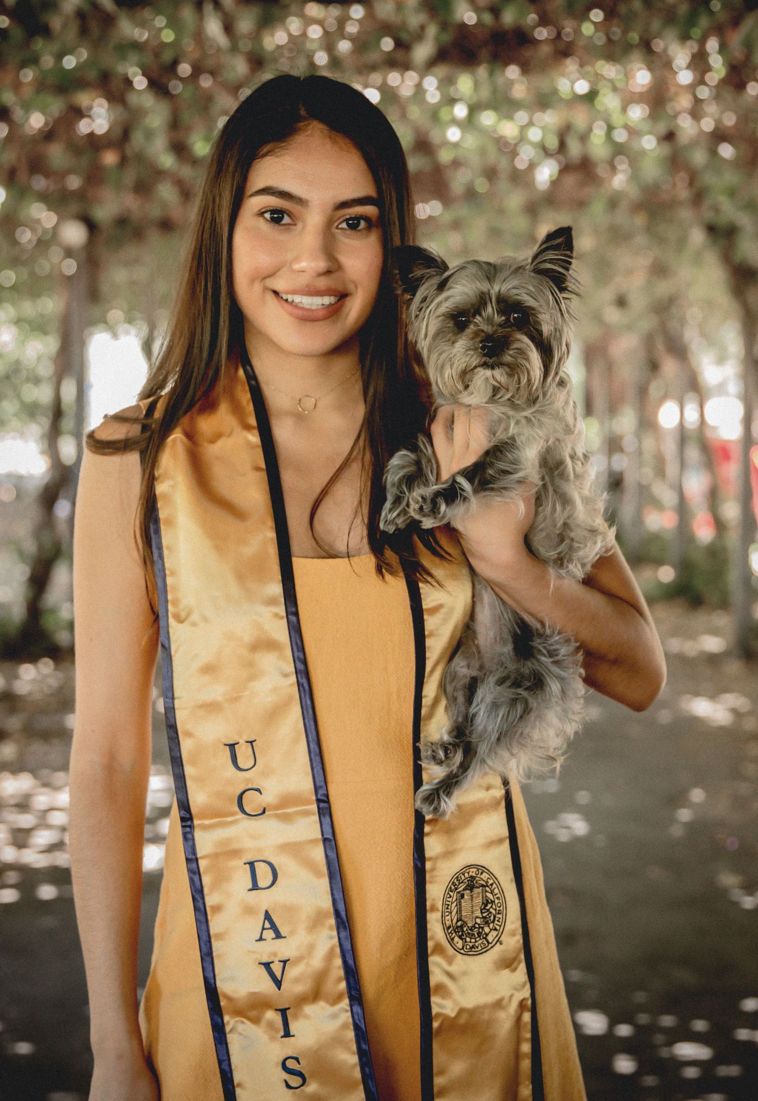 Graduate in yellow dress poses with small dog while wearing graduation stole outdoors.