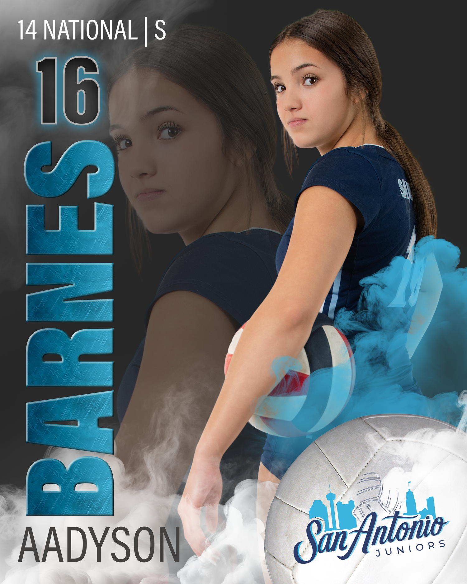 Sports banner design for Aadyson on San Antonio Juniors volleyball team.