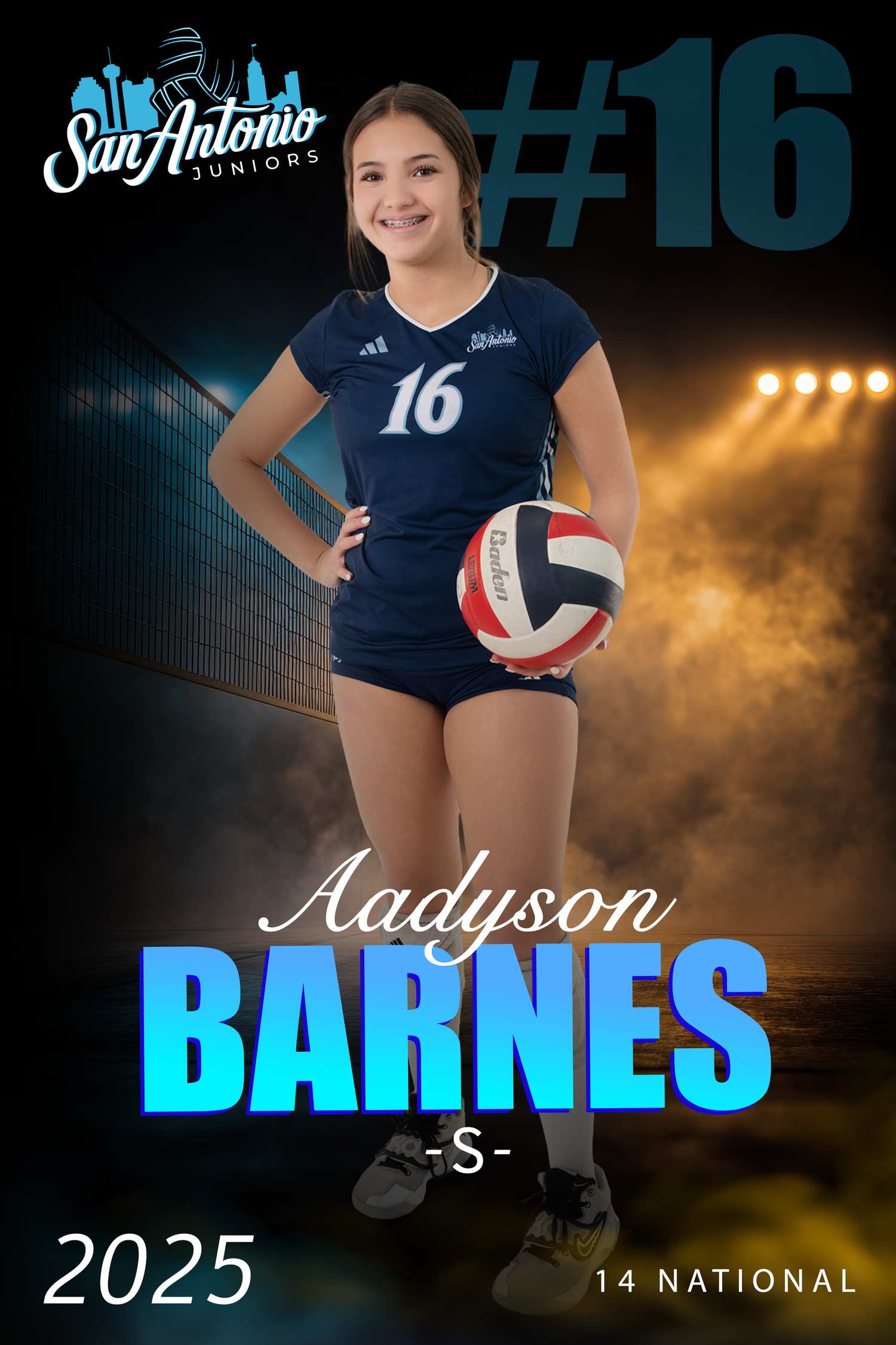 Volleyball player banner with dramatic lighting and team branding.