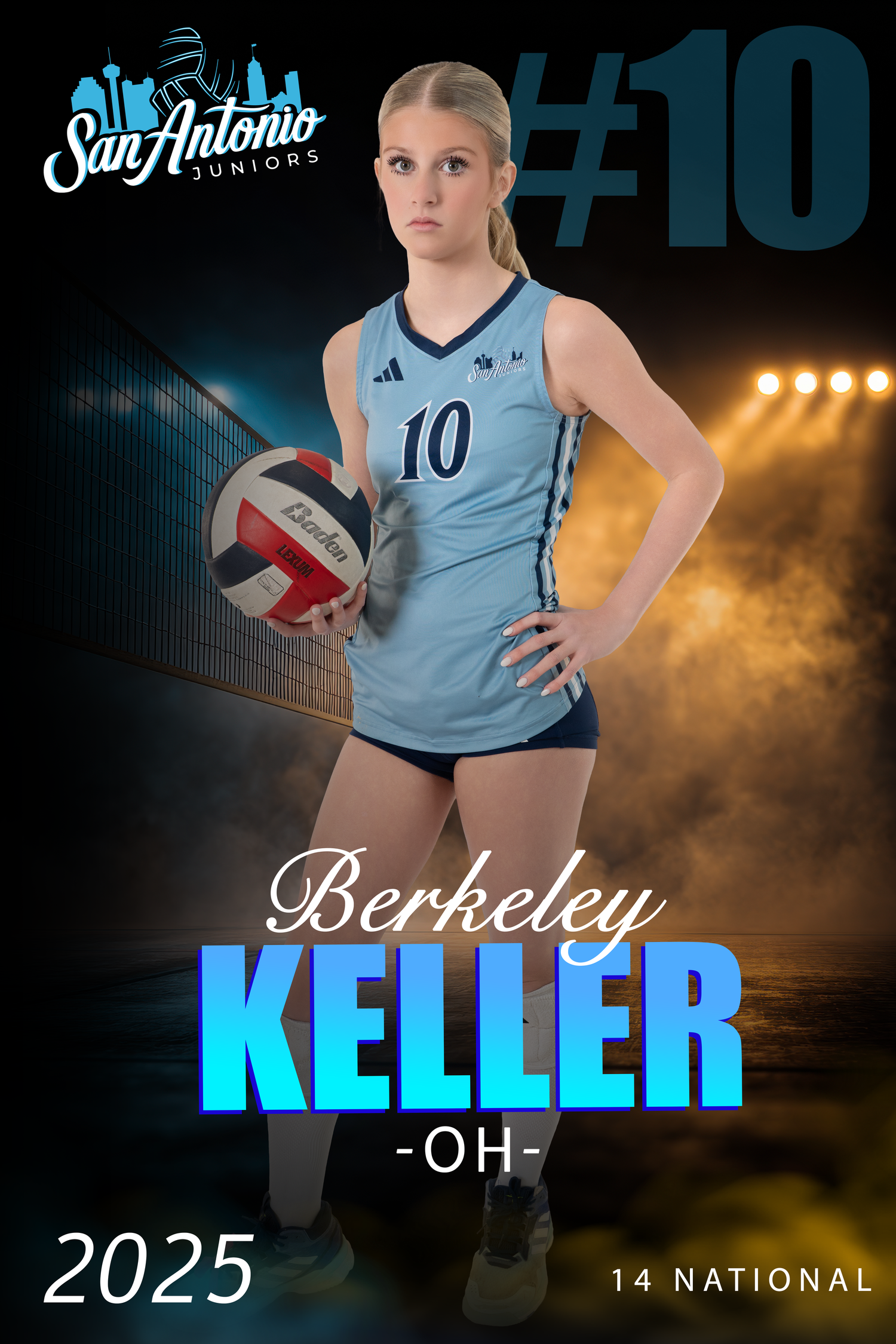 Athletic banner design featuring player in light blue volleyball uniform.
