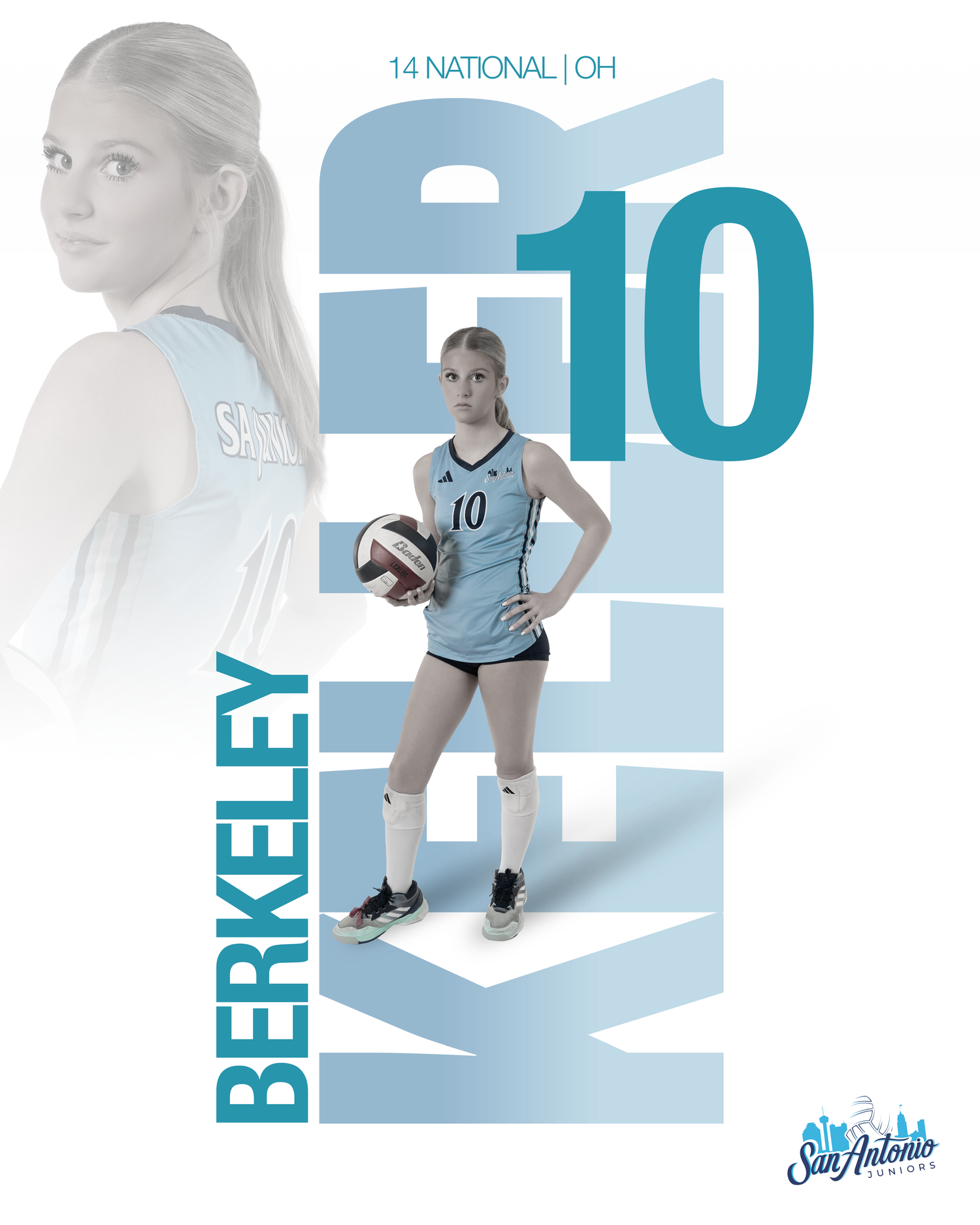 Sports marketing banner featuring volleyball player in light blue uniform.
