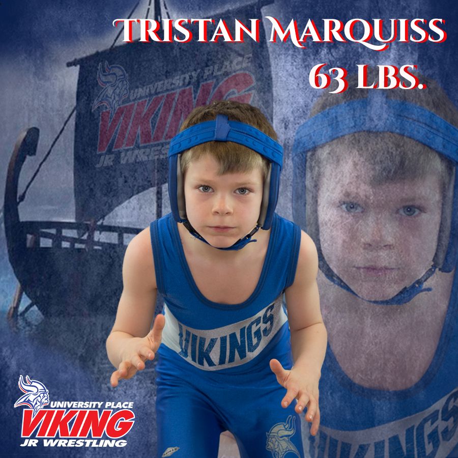 Wrestling team promotional banner featuring blue and white graphics.
