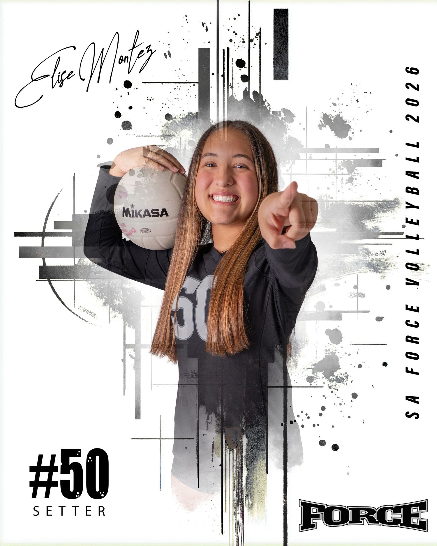 Volleyball player poses in white and black uniform with Mikasa ball against artistic black and white background.