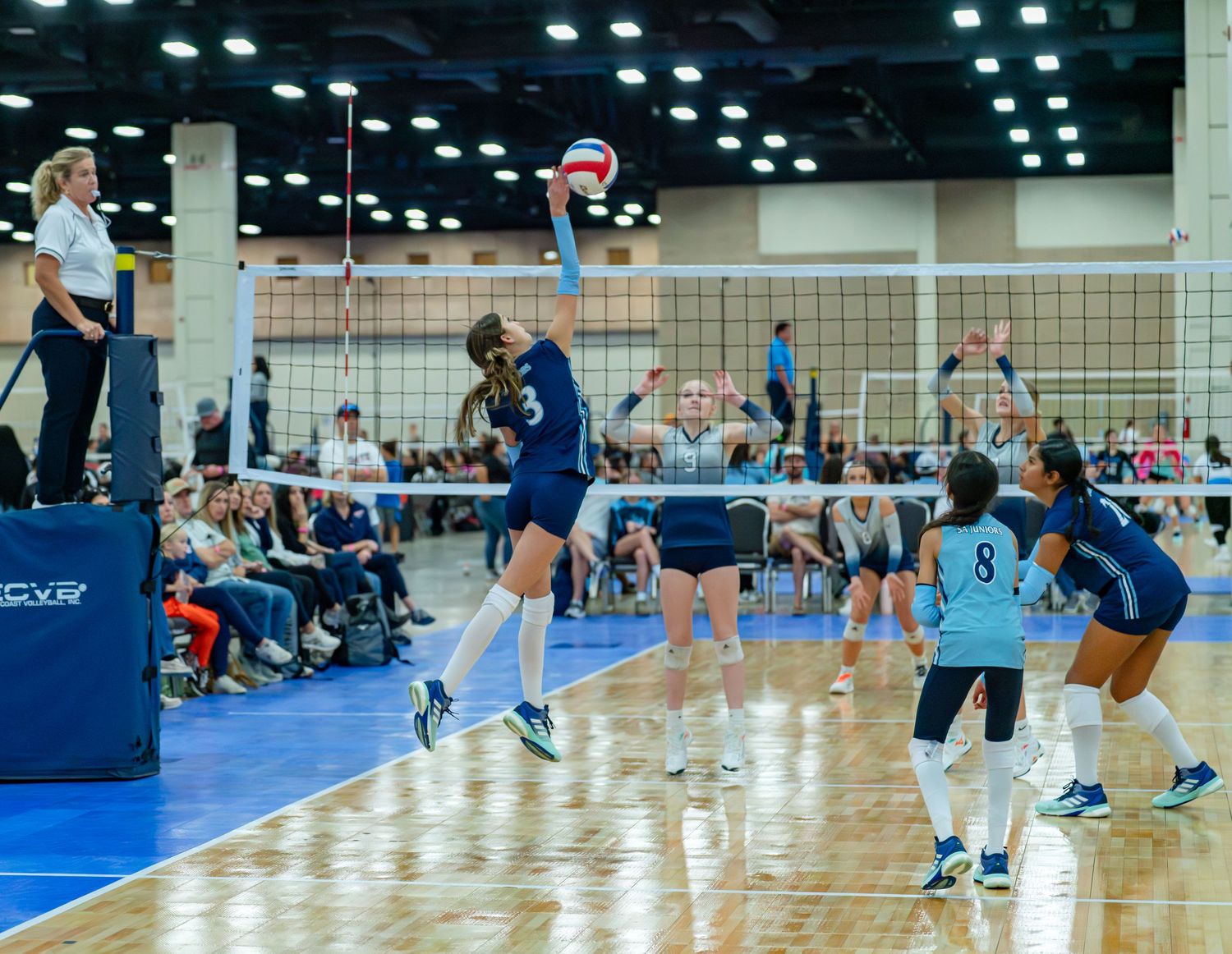 Wide angle view of multiple volleyball courts with teams actively playing in tournament setting.
