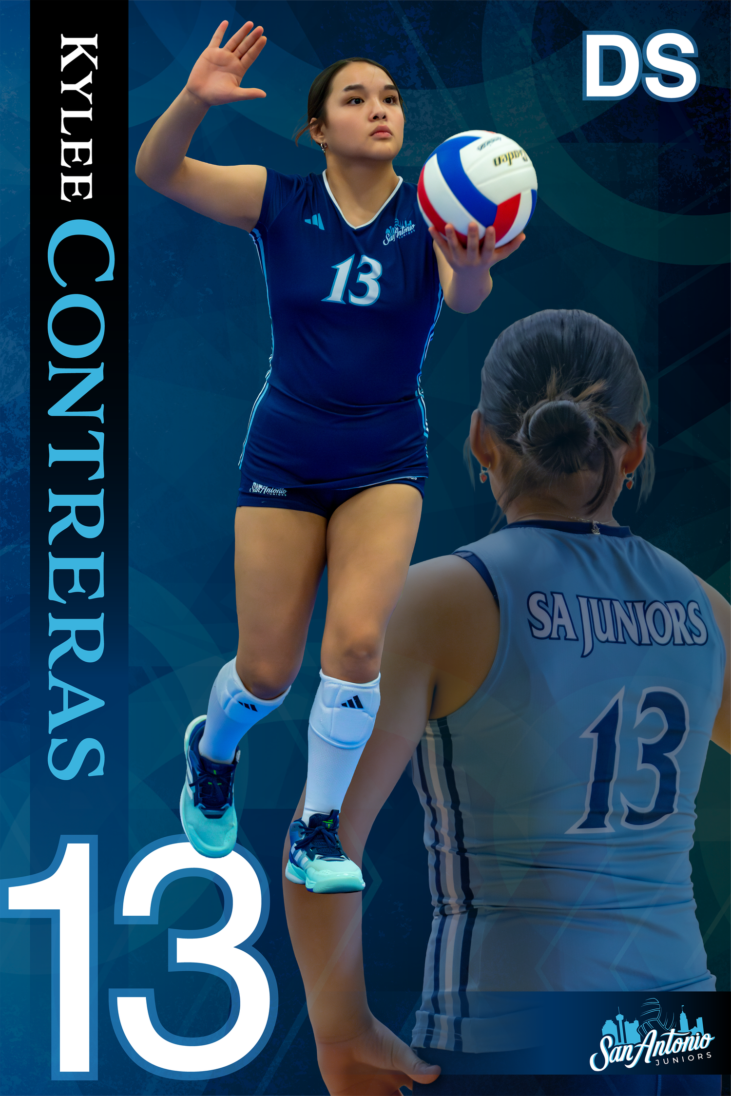 Action shots of volleyball players in navy uniforms during competitive matches.