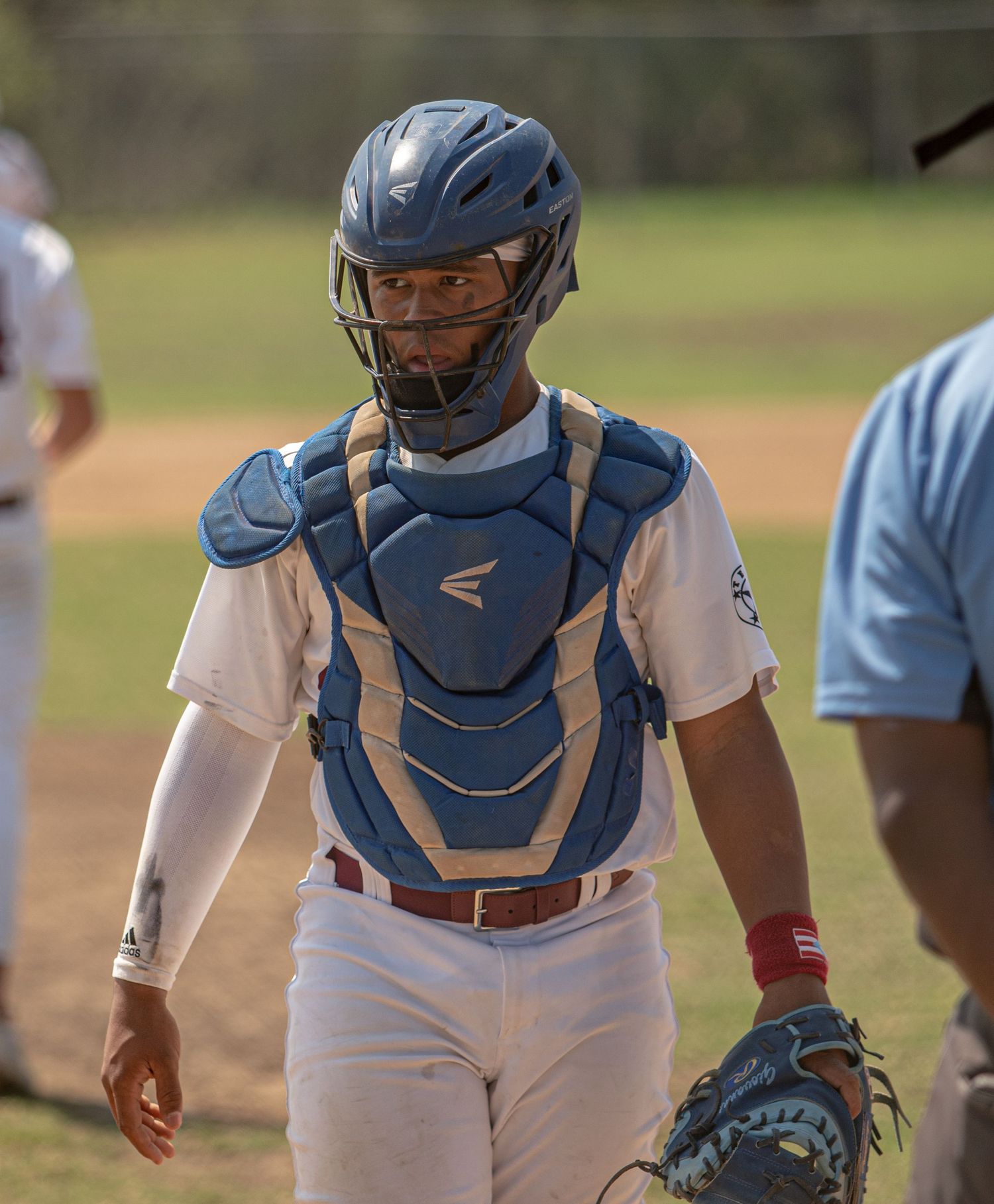 Baseball catcher in blue protective gear and white uniform stands ready during game.