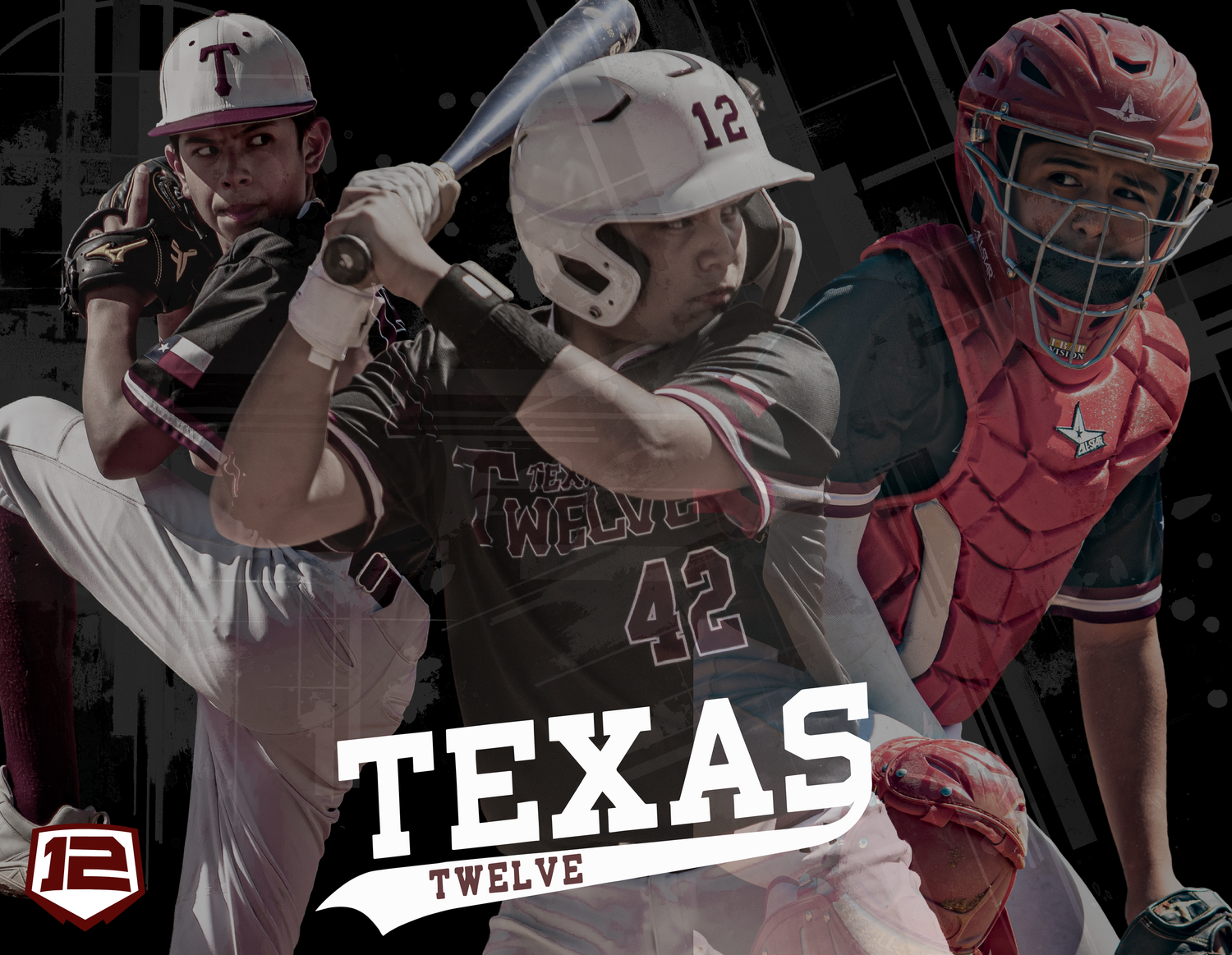Dark stylized sports banner featuring baseball players in dramatic poses.
