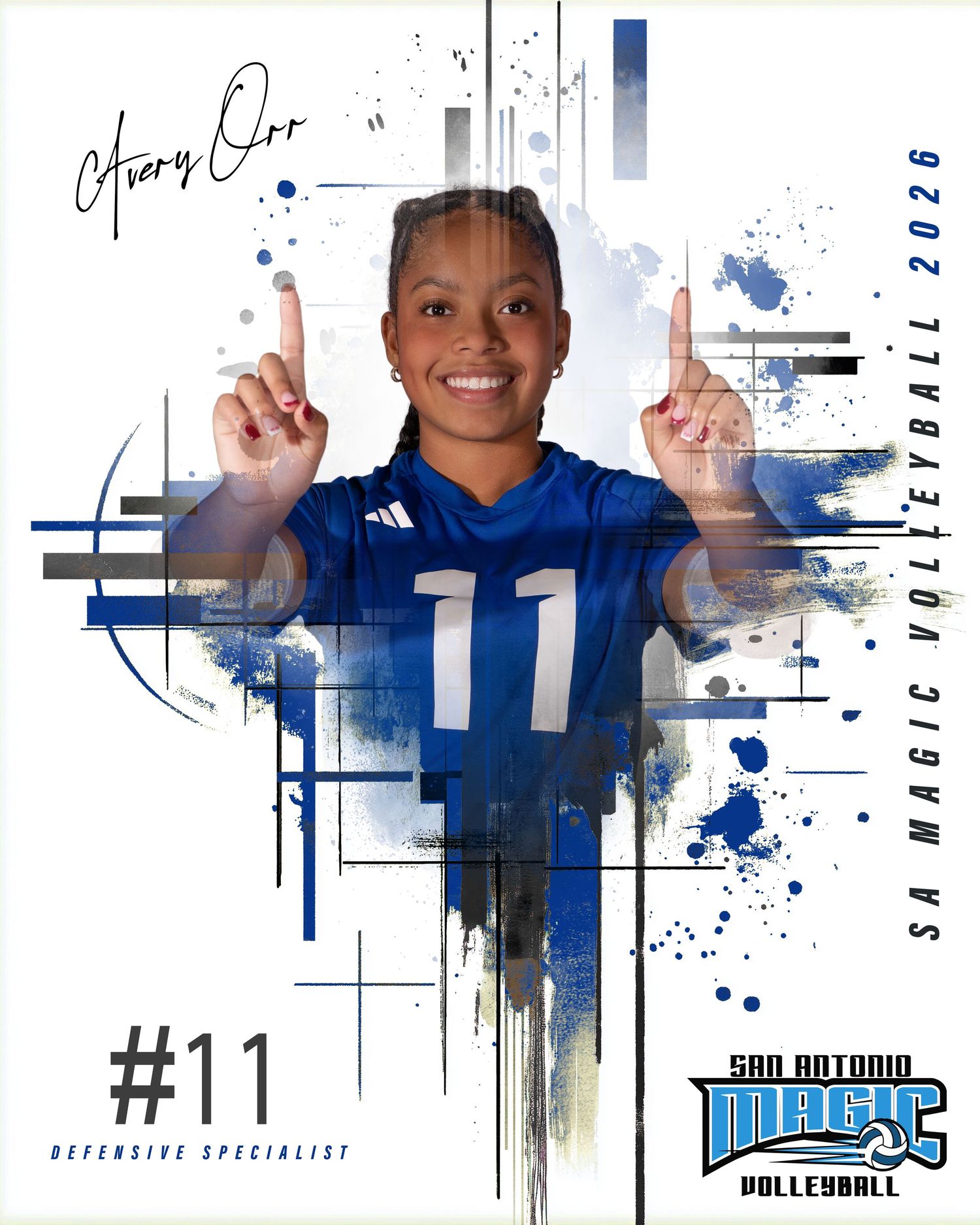 Artistic sports banner featuring player in blue jersey with watercolor splash effects.