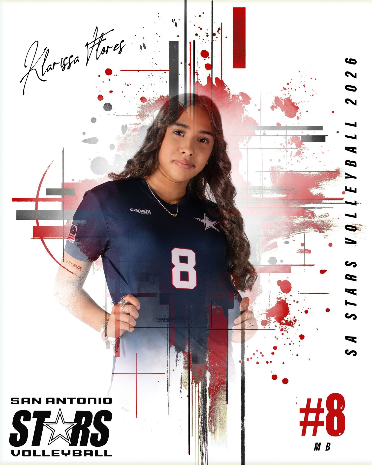 Volleyball player in navy jersey number 8 against artistic red and white splatter background.