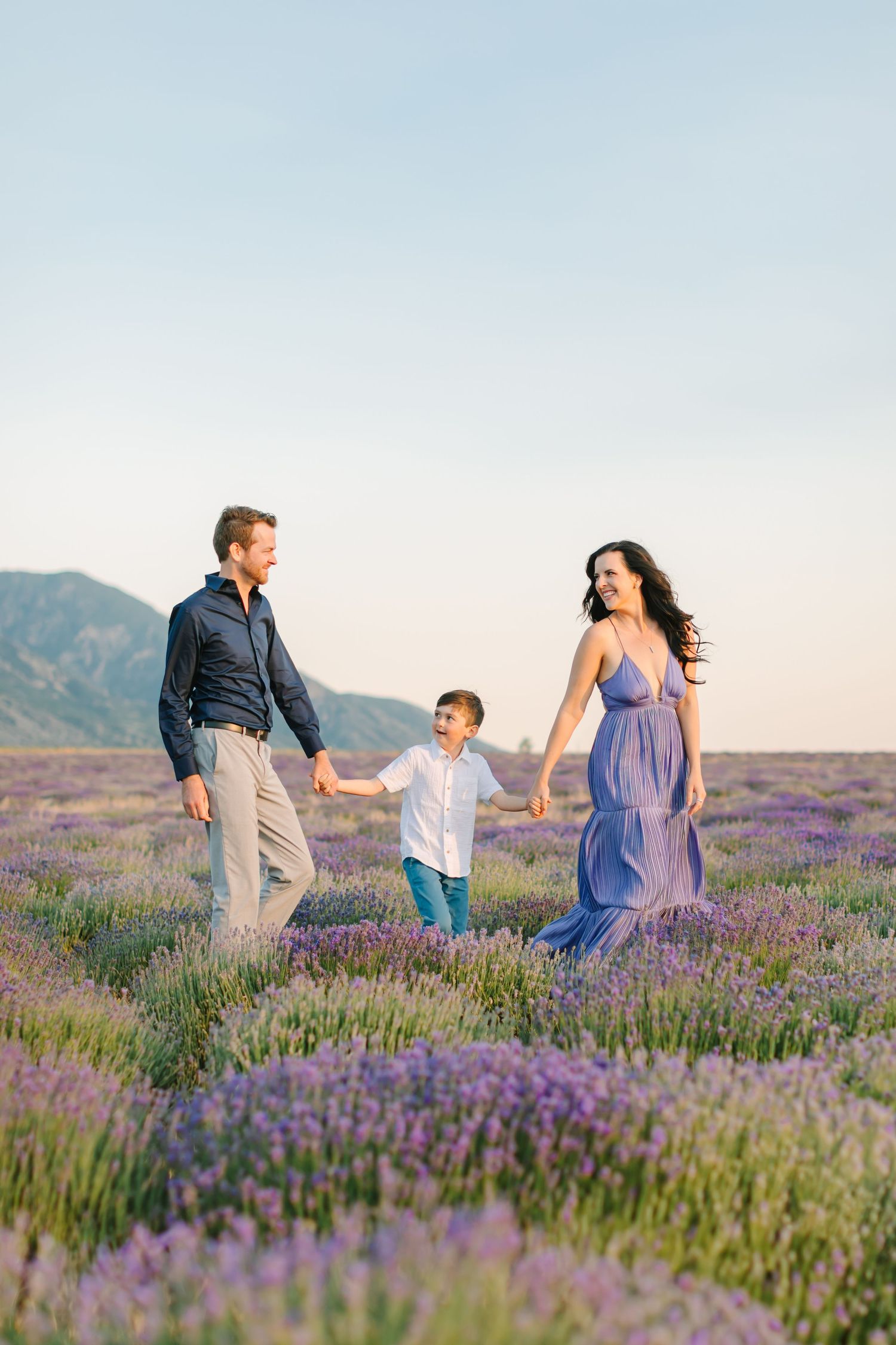 A family walks together holding hands through a beautiful blooming lavender field with mountains in the background at sunset.