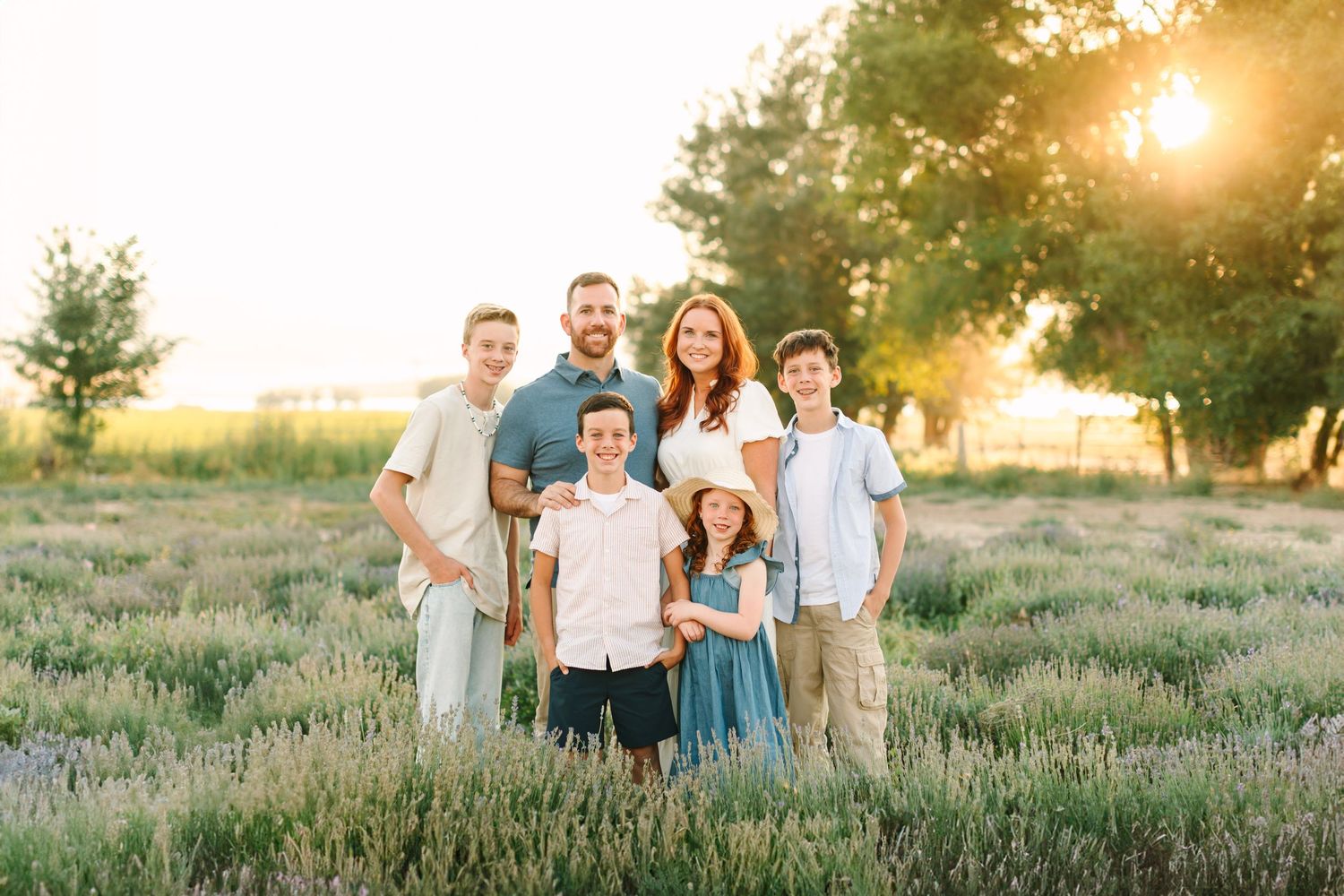 A family walks together through a sunlit lavender field during golden hour in the countryside.