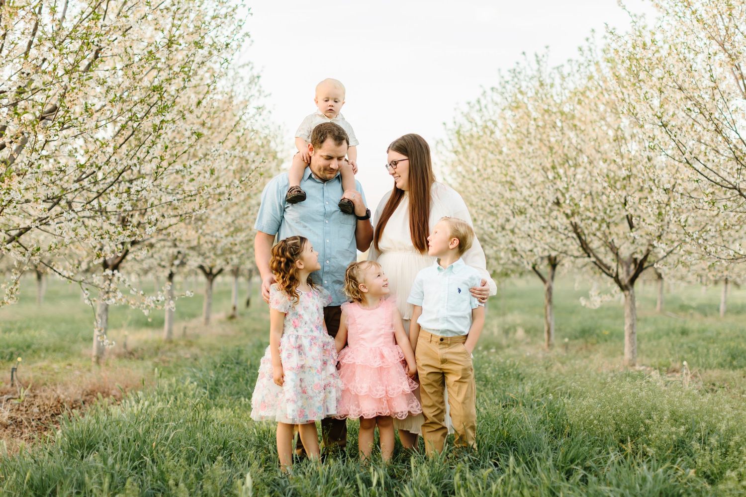 Family of six poses among blooming spring trees, parents with four young children in a lush green orchard.