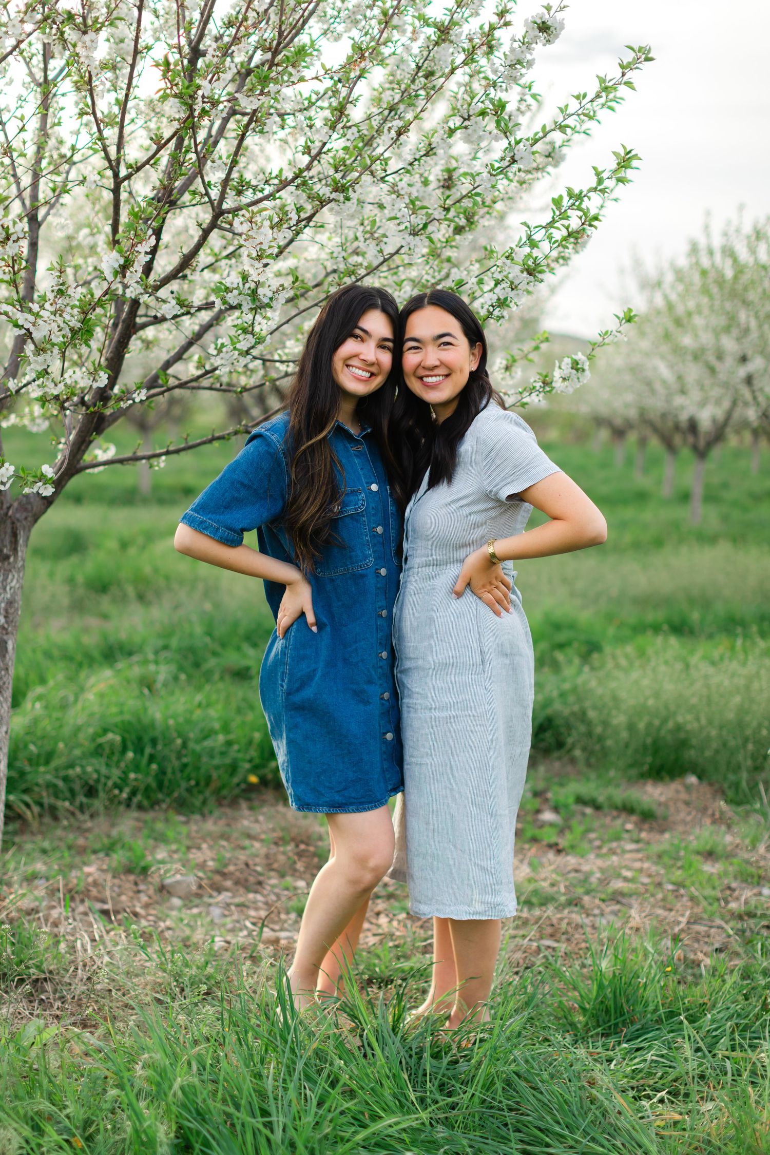 Two people in denim and light blue outfits pose playfully together in a blooming spring orchard.