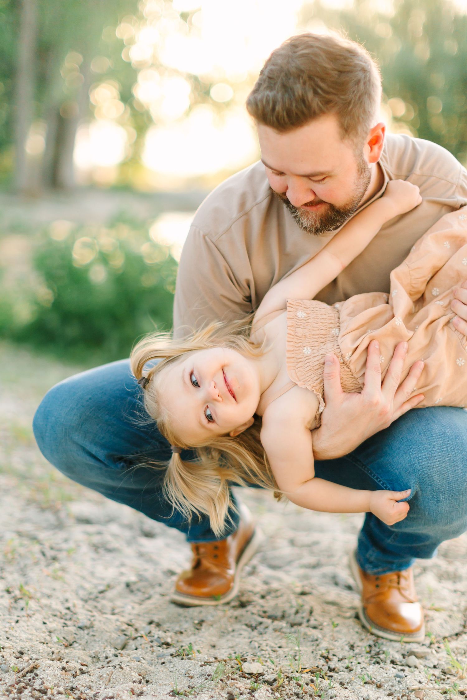 A playful family moment captured in a series of candid shots showing joyful interaction outdoors in natural lighting.
