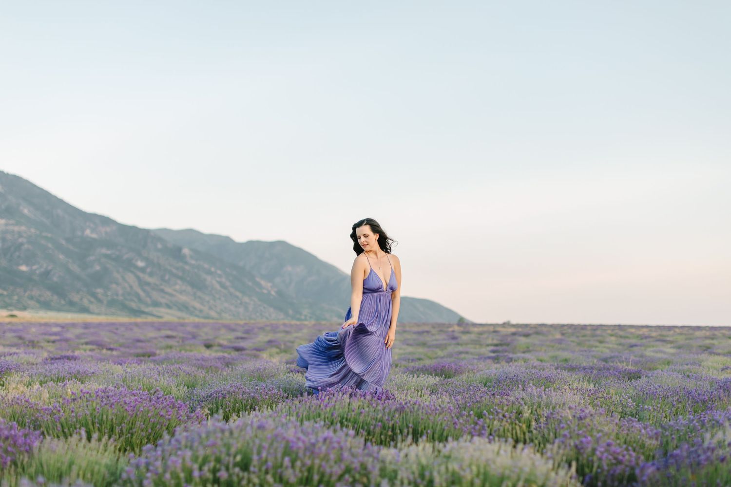 A figure in a flowing dress poses gracefully among blooming purple lavender fields at sunset with mountains in background.