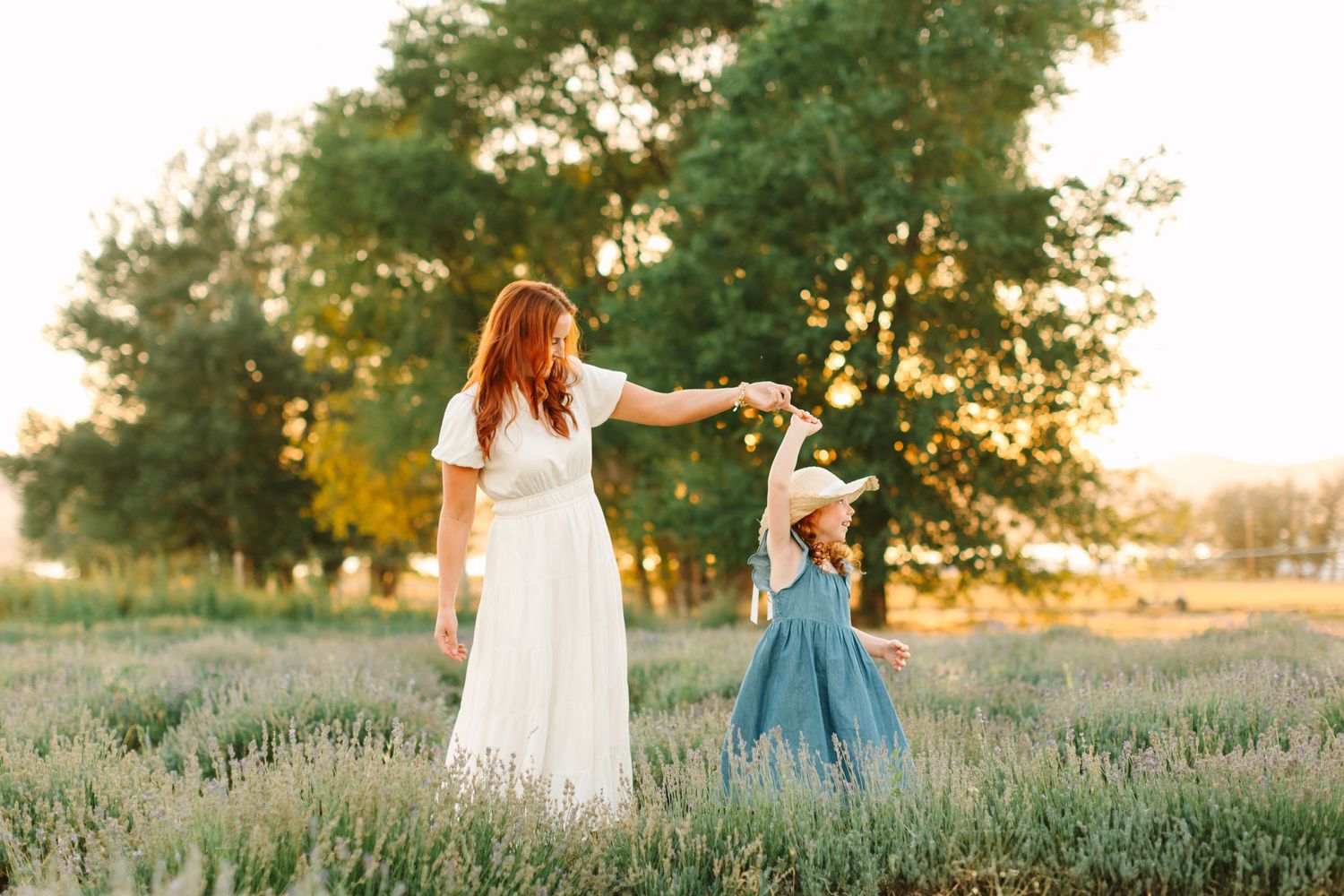 Two people walk through a lavender field at sunset while golden light filters through trees in the background.