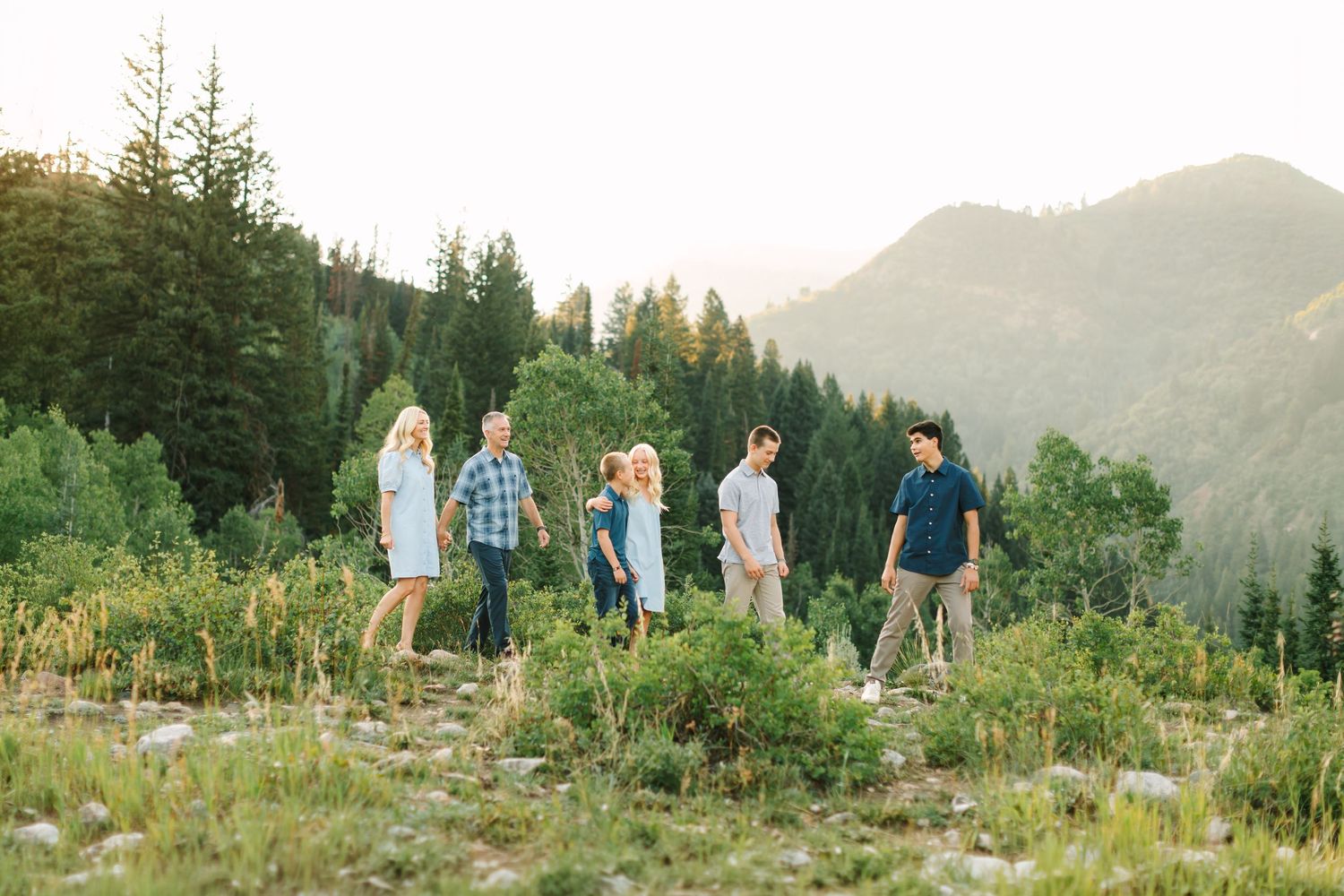 Family of six standing together on a scenic mountain meadow surrounded by tall pine trees and rolling green hills.
