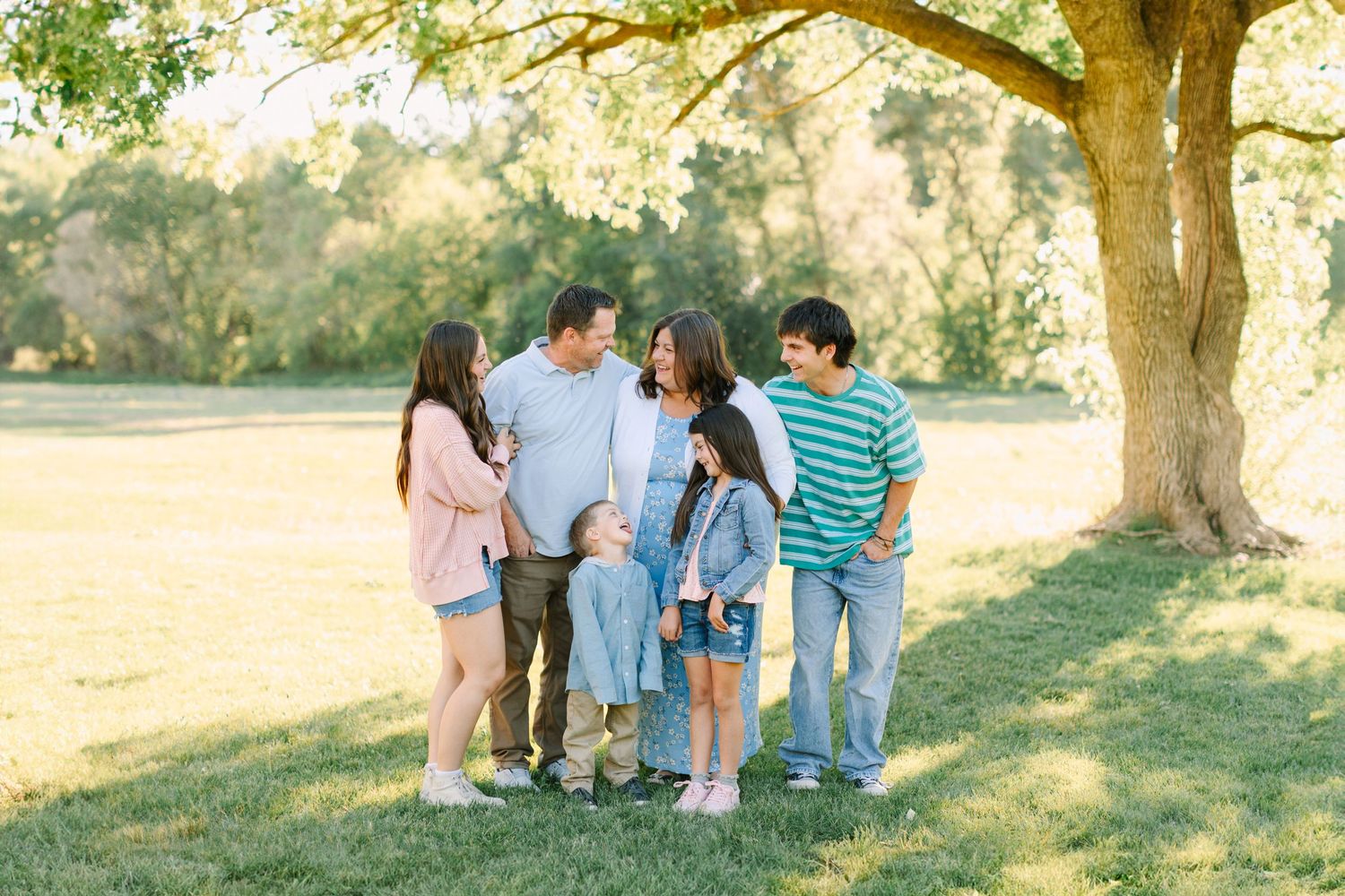 A group sits together on a grassy hill during golden hour as sunlight filters through trees in the background.