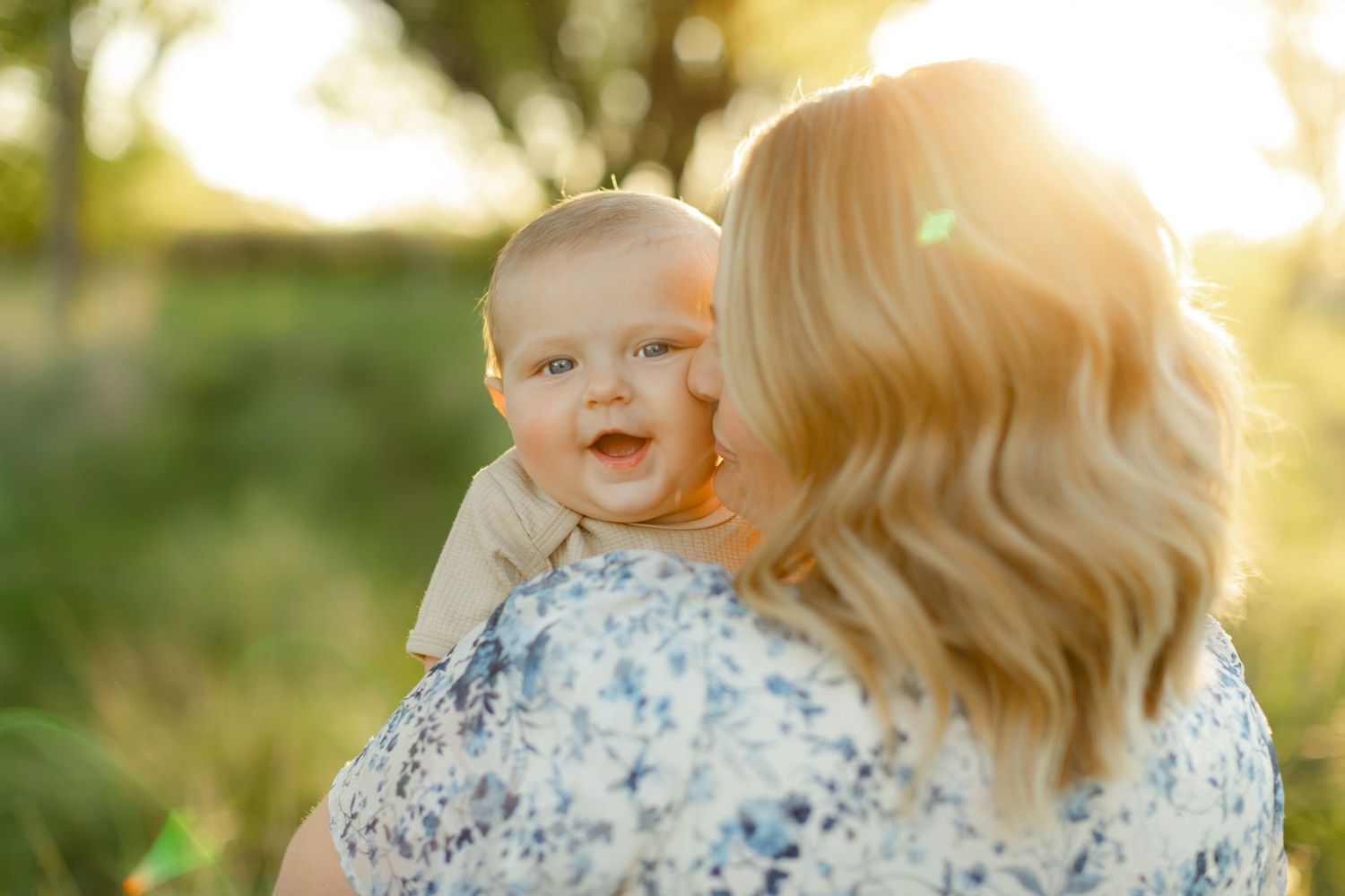 A series of connected outdoor portrait photos showing a joyful interaction between parent and child during golden hour.