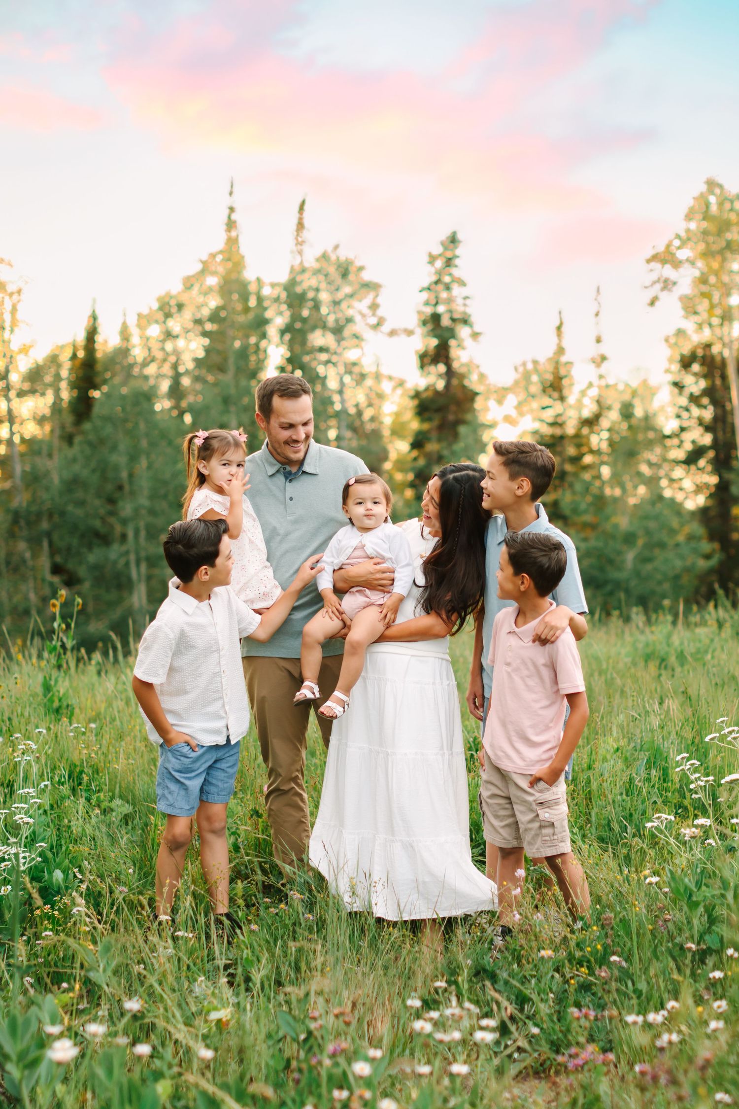 Family of seven poses in a lush green meadow at golden hour sunset, parents holding children while smiling warmly.