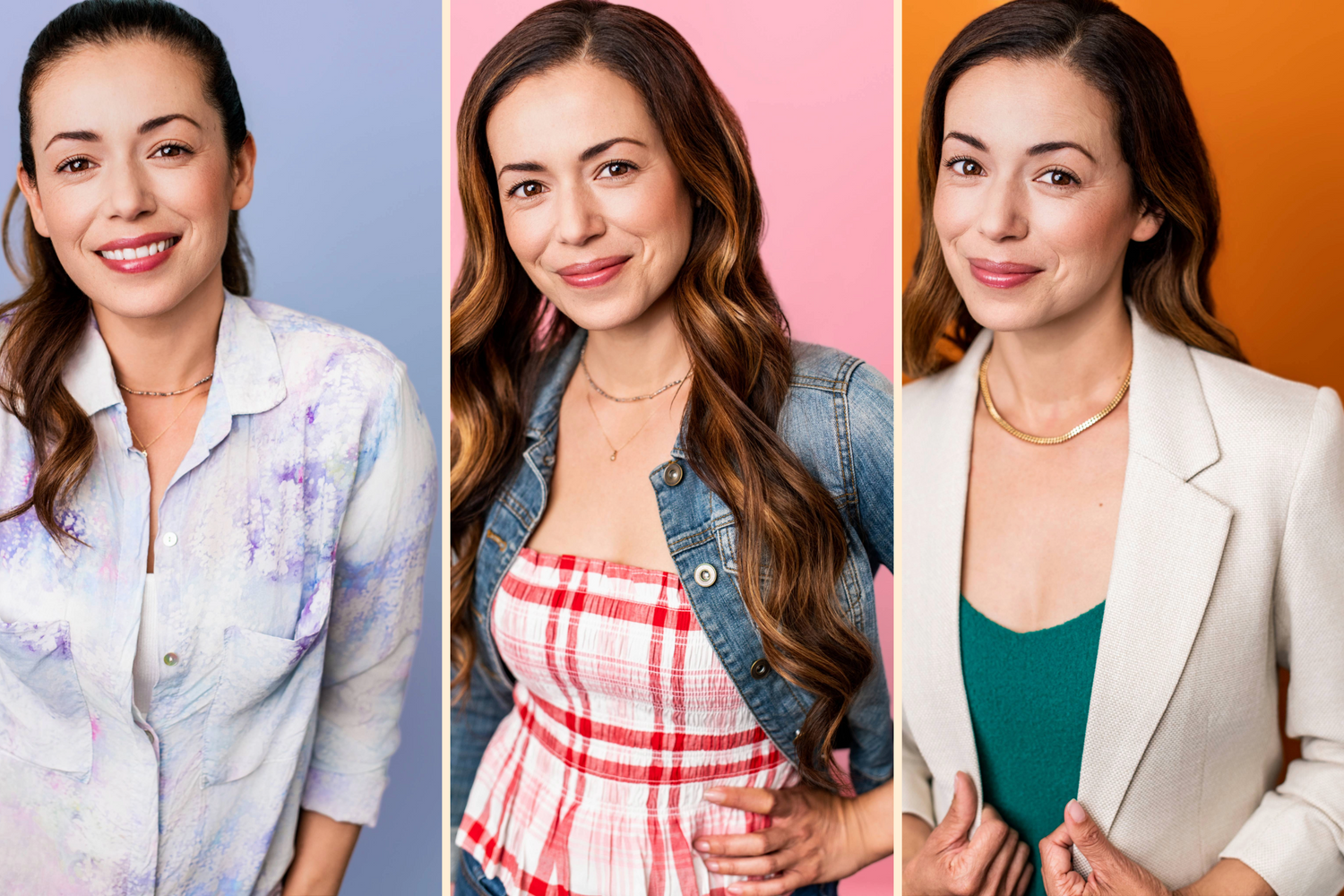 Three actor headshots showing different wardrobe choices for commercial and theatrical auditions on colorful backdrops.