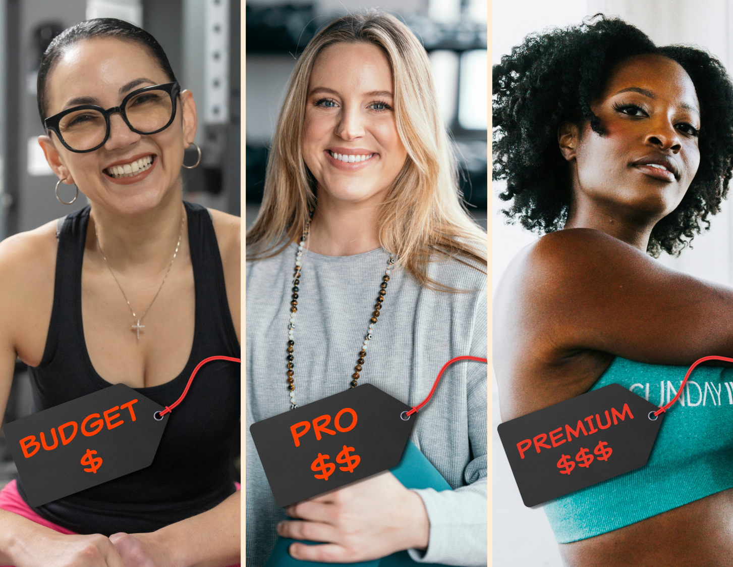 Three branding headshots labeled budget, pro, and premium, illustrating different personal branding headshot pricing tiers in Los Angeles