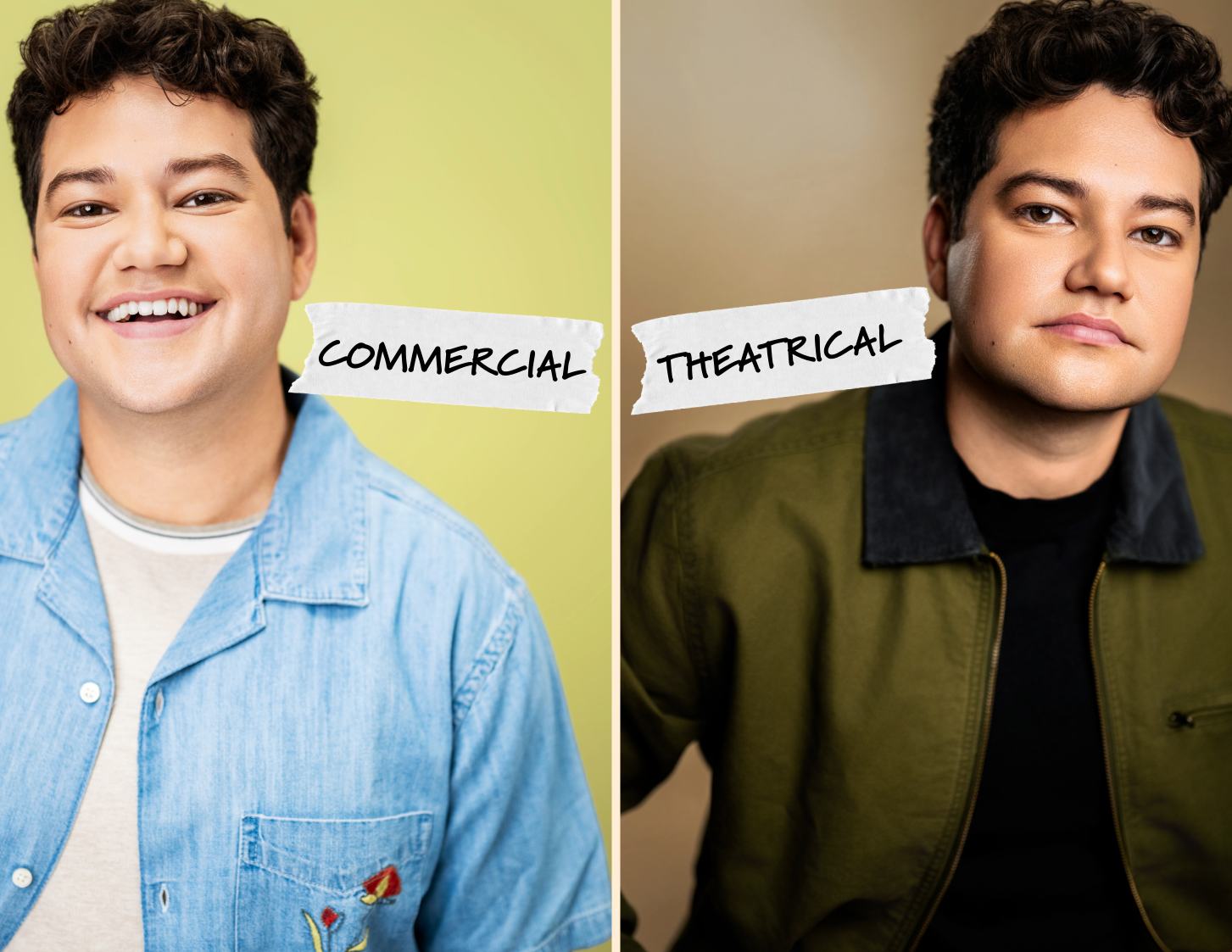 Side-by-side commercial and theatrical actor headshots showing different casting looks