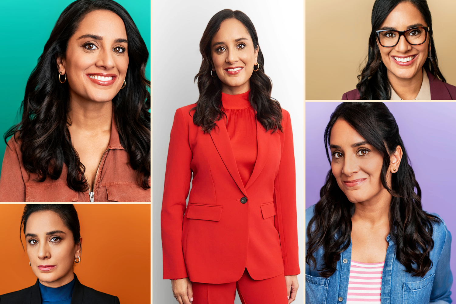 Five different actor headshot looks showing commercial, professional, theatrical, and character casting options for a Los Angeles actor.