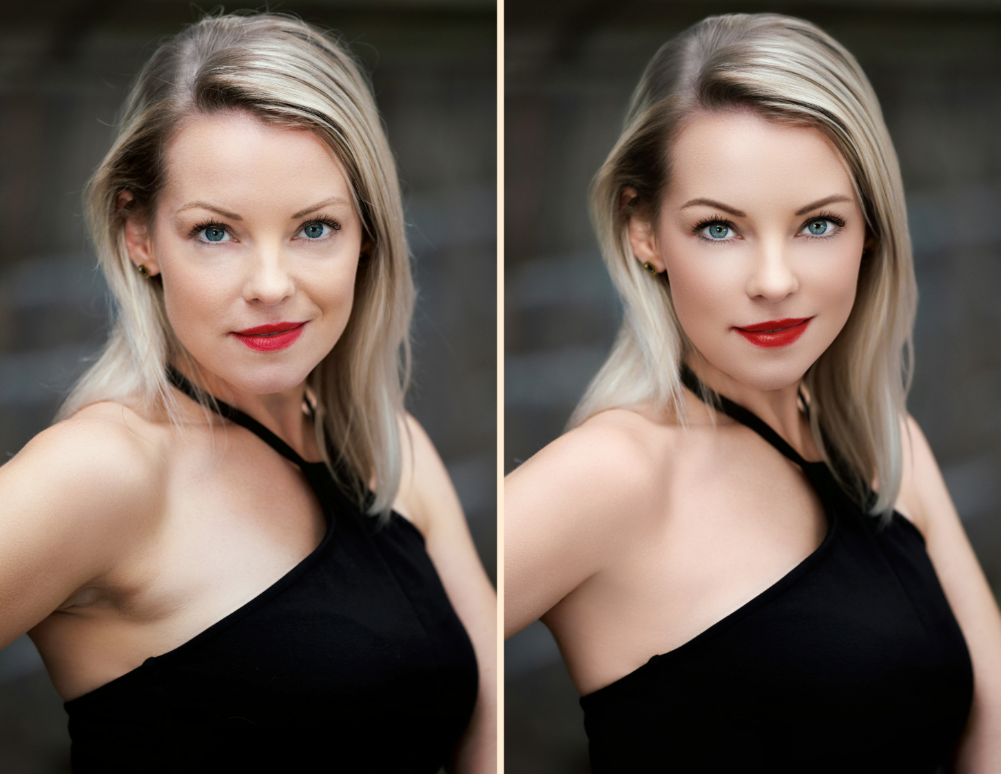 Side-by-side headshot comparison showing natural retouching and an over-edited version with overly smooth skin and altered features.