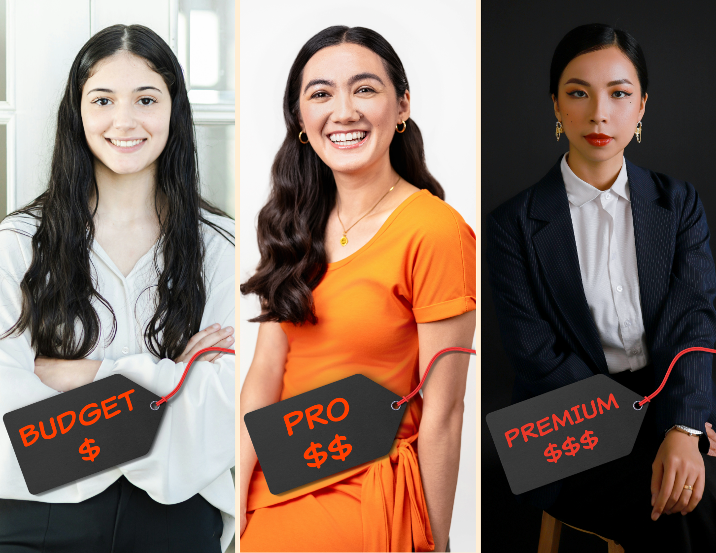 Three business headshots labeled budget, professional, and premium, illustrating different business headshot pricing tiers in Los Angeles