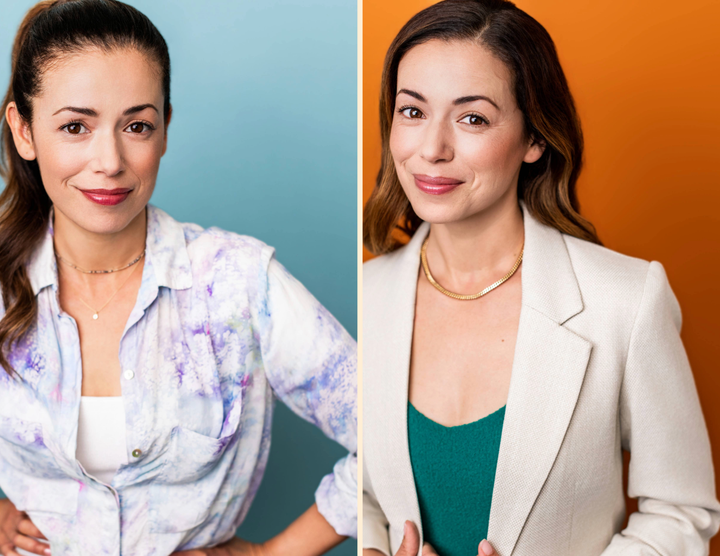 Side-by-side commercial headshots featuring vibrant, approachable outfits ideal for actor submissions in TV and commercial casting.