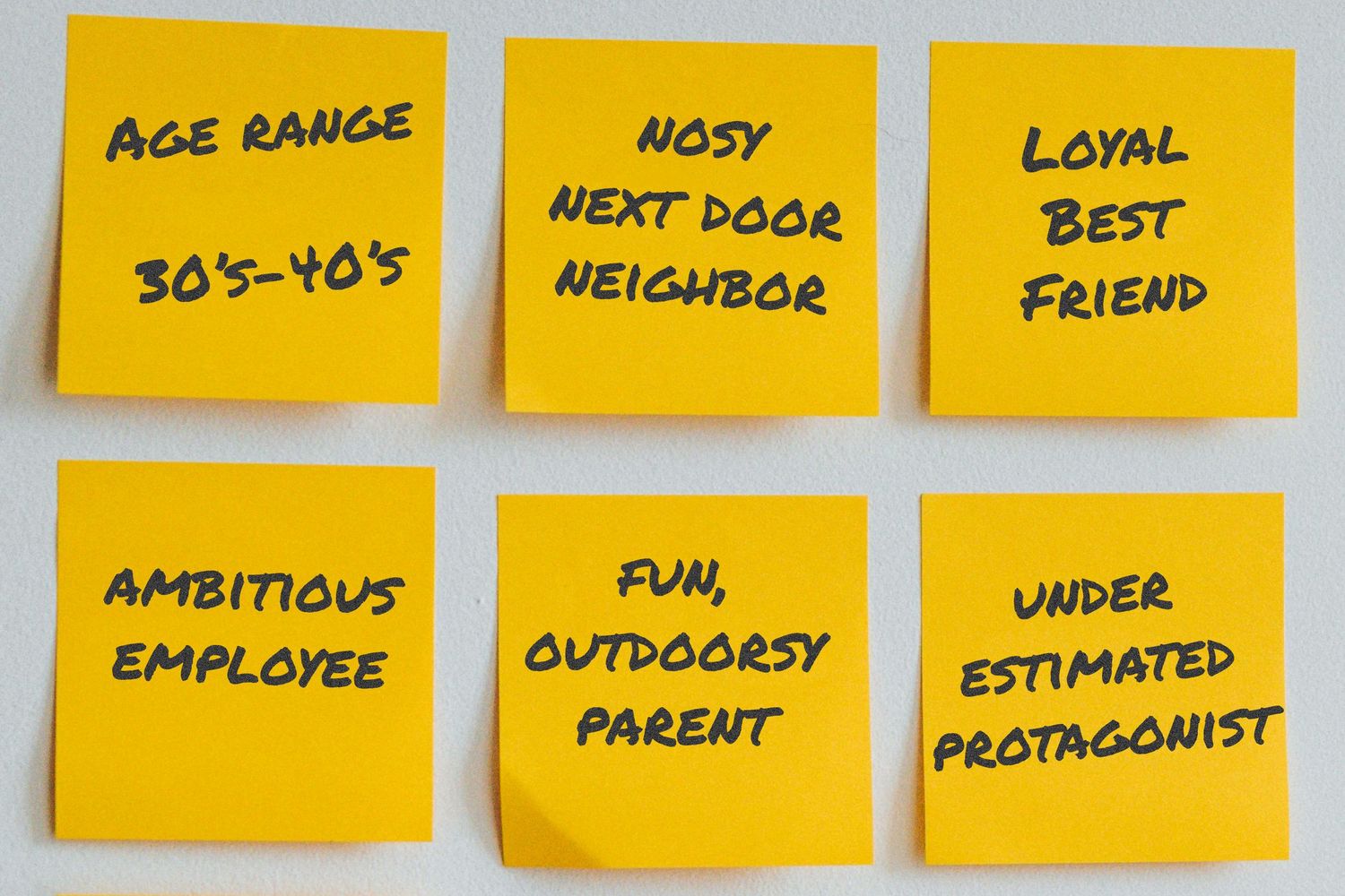 Sticky notes listing age range and character traits, illustrating how actors define types before a headshot session