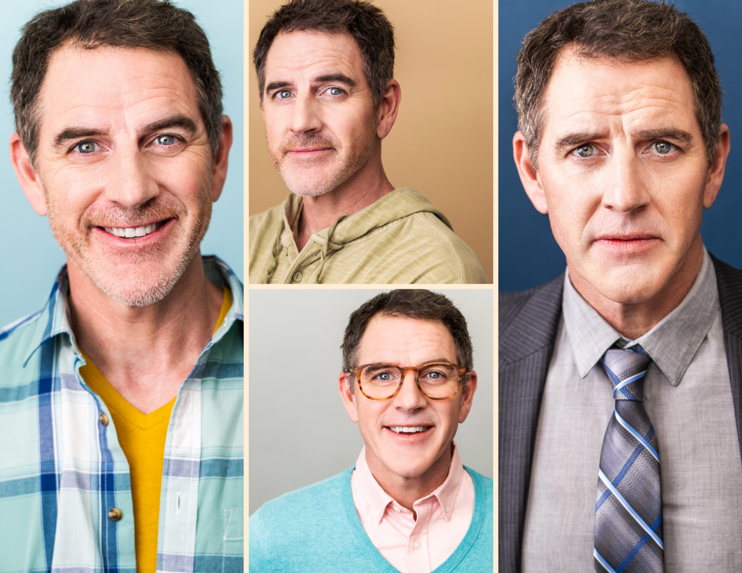 Four different actor headshot looks showing commercial, theatrical, professional, and character casting options for a Los Angeles actor.