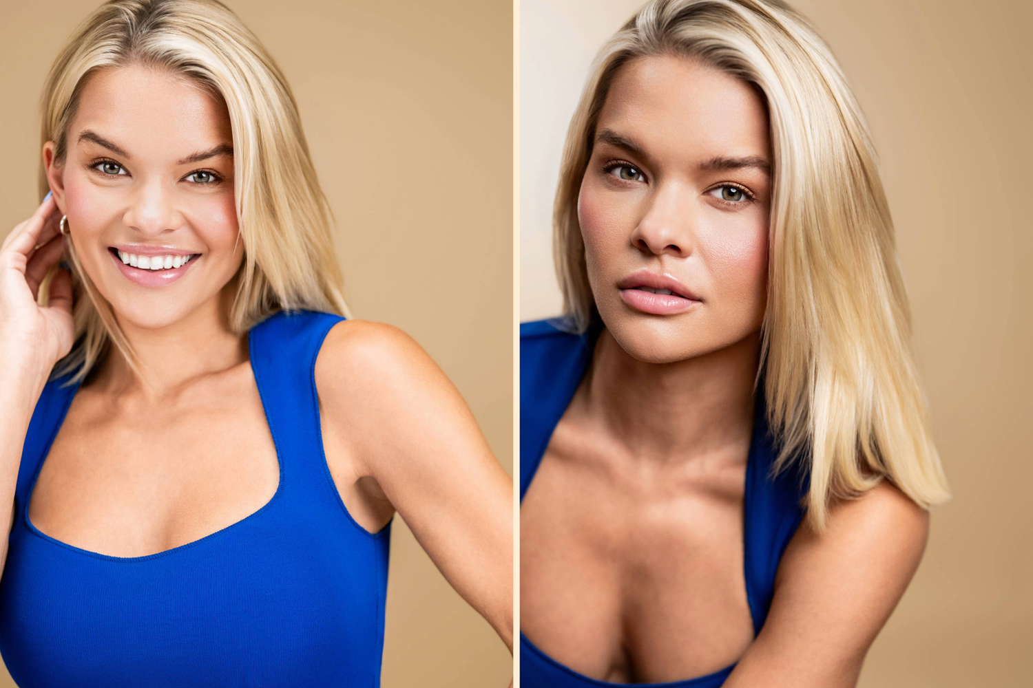 Side-by-side commercial and theatrical headshots of the same actor in a blue top, showing approachable energy versus grounded energy