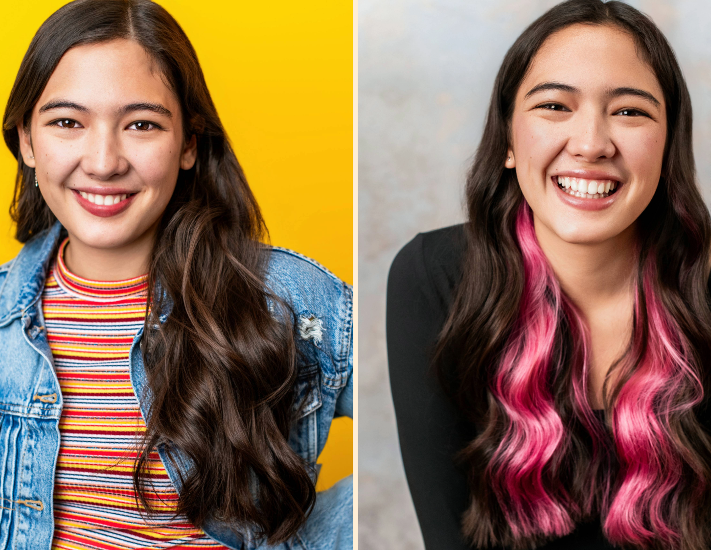 Side-by-side headshots showing a client before and after changing hair color, highlighting the need to update headshots regularly.