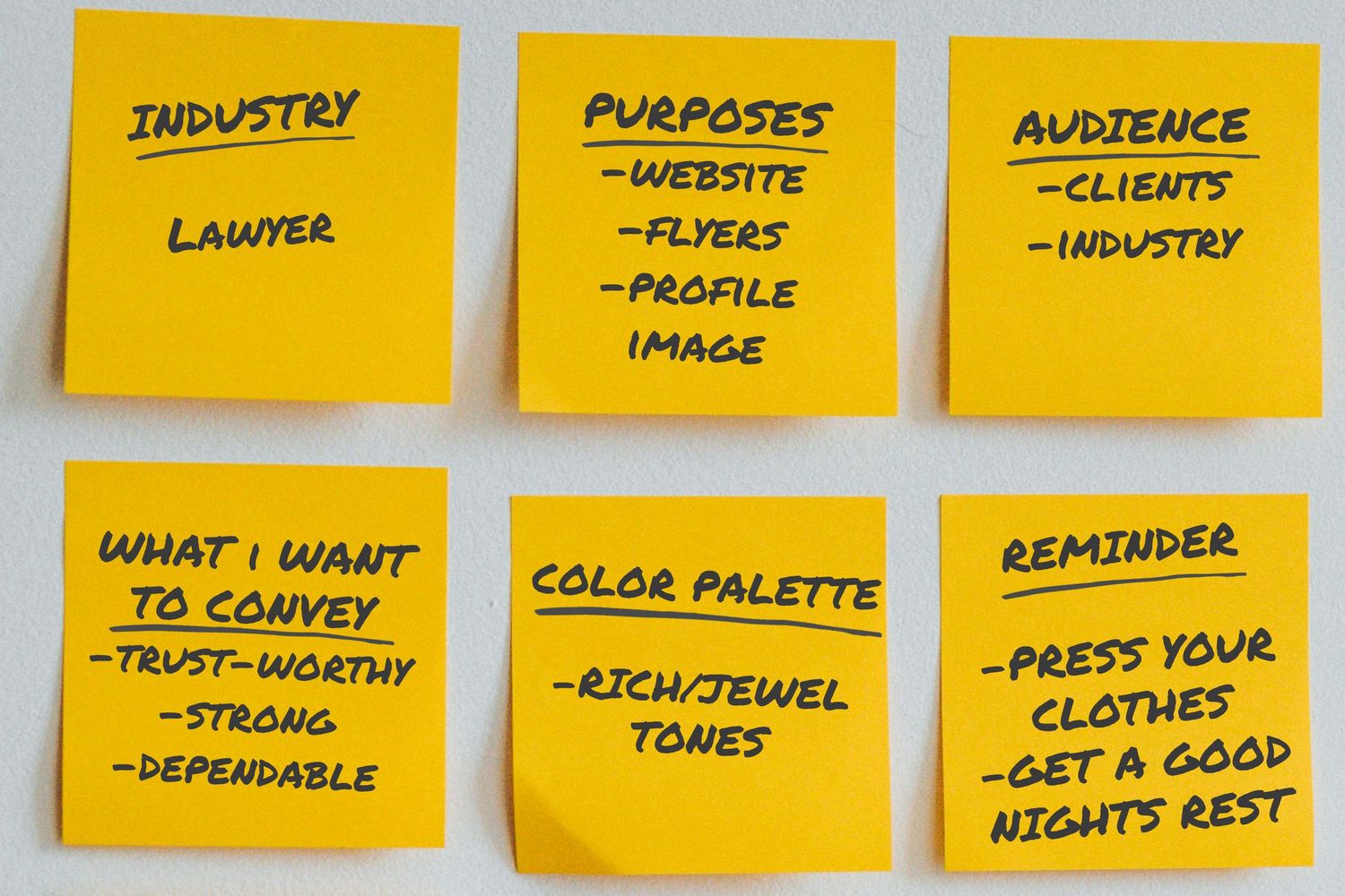 Business headshot prep notes covering industry, audience, purpose, color palette and what the client wants to convey.