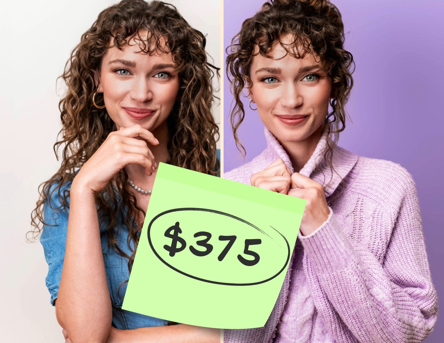 Mid-range headshot example with $375 price tag, showing professional quality and styling in commercial and theatrical looks.