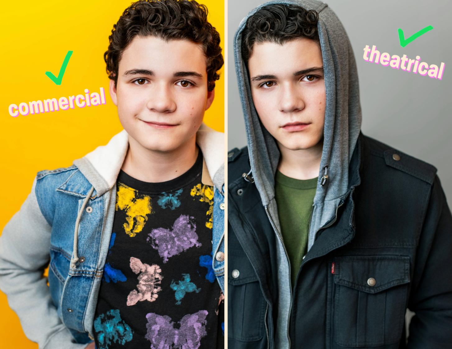 Side-by-side teen actor headshots showing a bright commercial look and a moody theatrical look with distinct wardrobe and vibe.