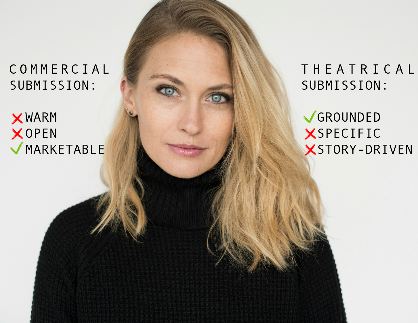 Graphic showing why one actor headshot cannot do the job of both commercial and theatrical headshots