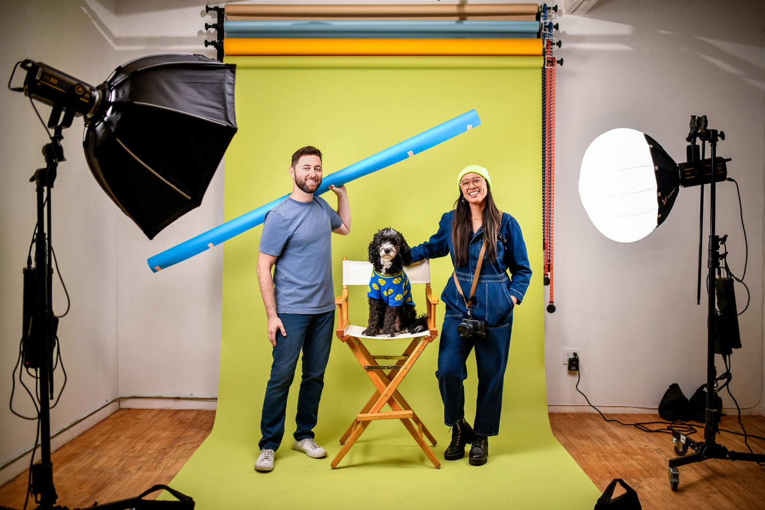 Nice Headshots team Alyssa, David and B.B. in their Los Angeles headshot photography studio with colorful backdrops and studio lighting.