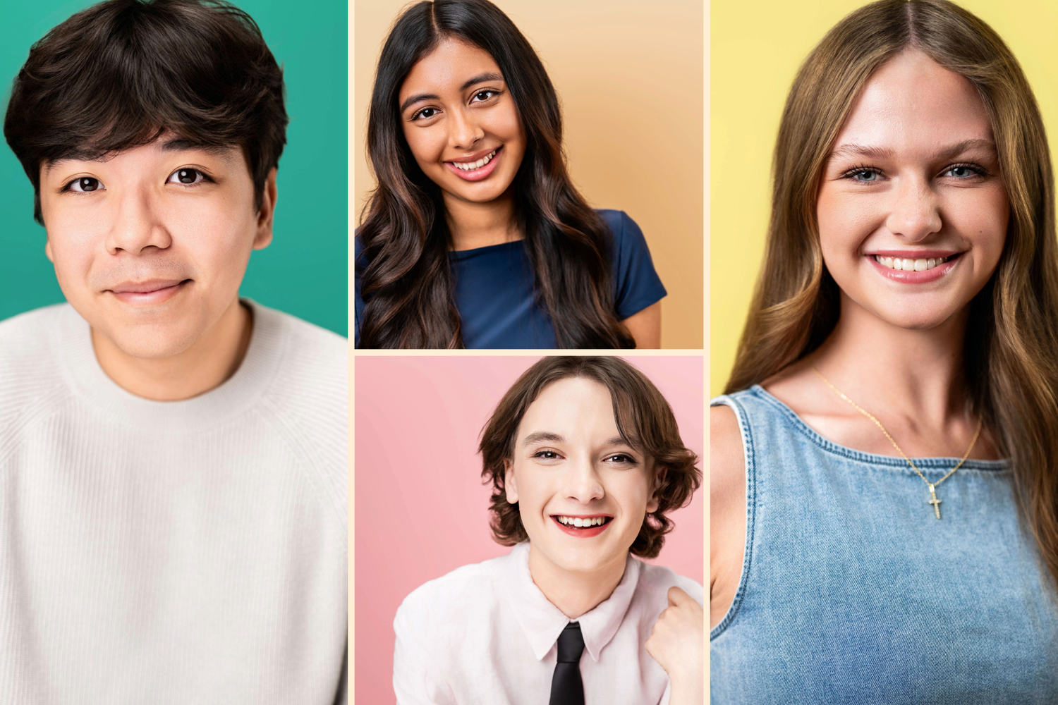 Collage of four college audition headshots for Musical Theatre and Acting students photographed in Los Angeles.