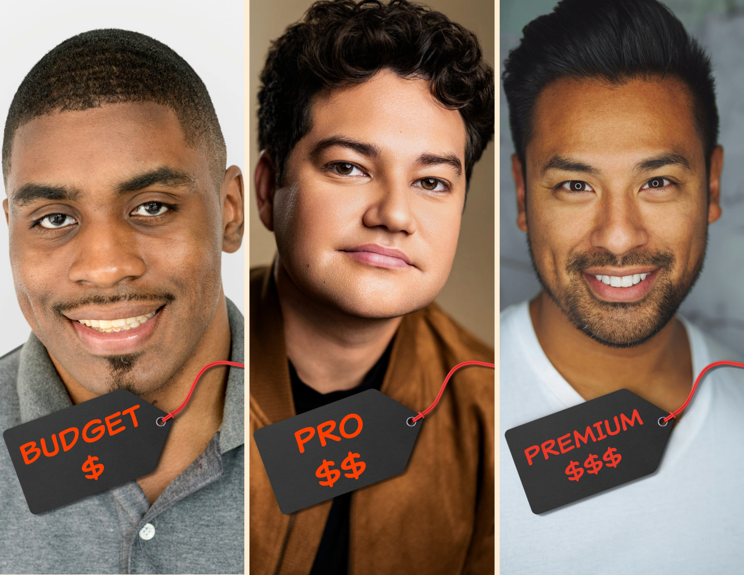 Three actor headshots with price tags labeled budget, pro, and premium, illustrating different actor headshot pricing tiers in Los Angeles.