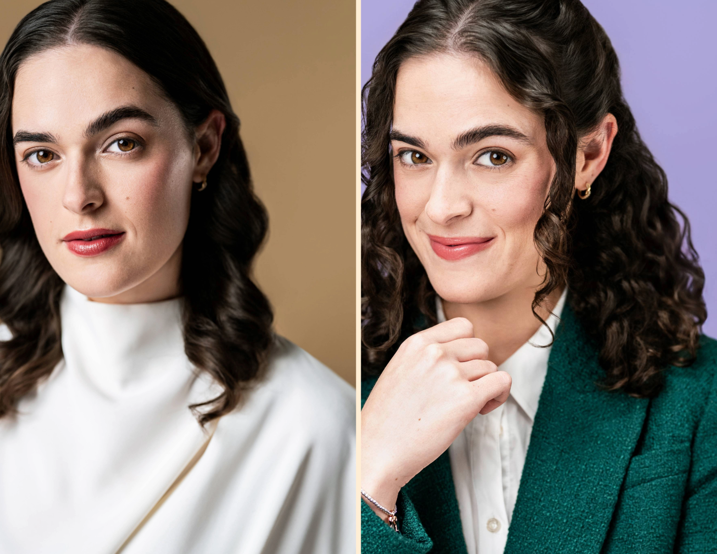 Actor headshots in Los Angeles showing two different looks with natural and commercial expressions for casting