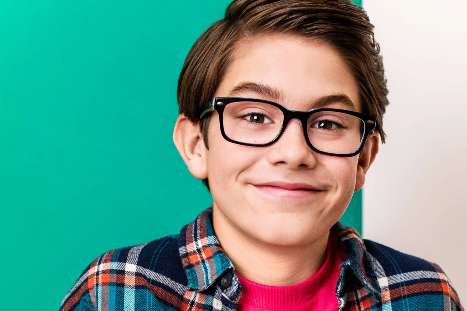kids headshots los angeles child actor smiling glasses colorful background