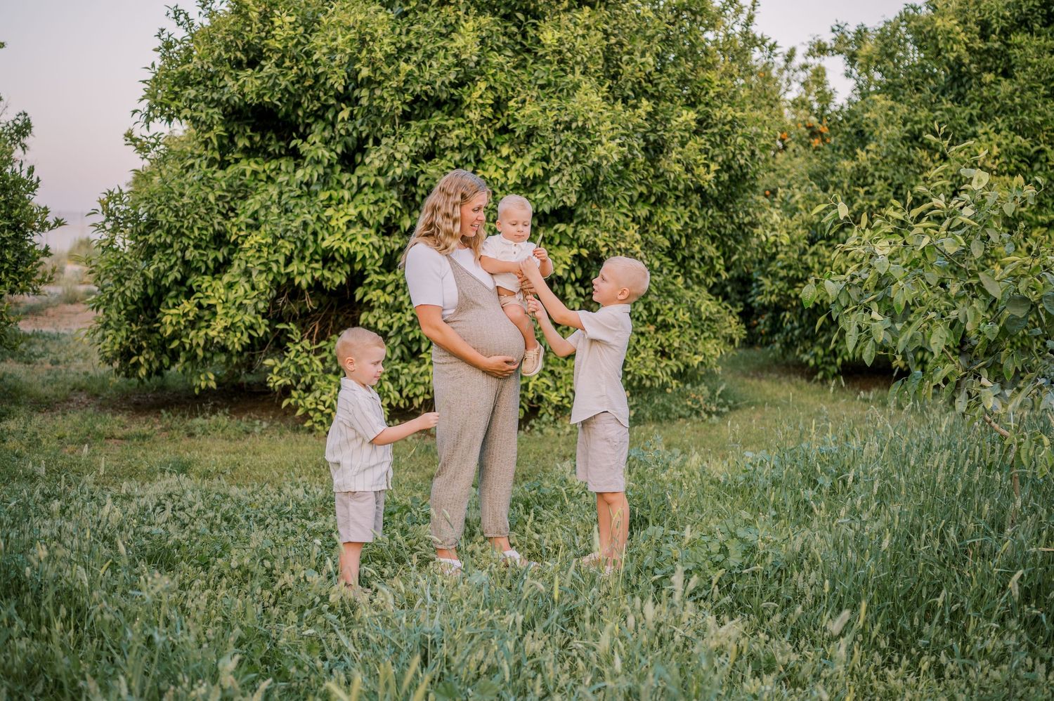 A group stands together in a lush green field surrounded by fruit trees on a summer evening. Phoenix Arizona family photographer.