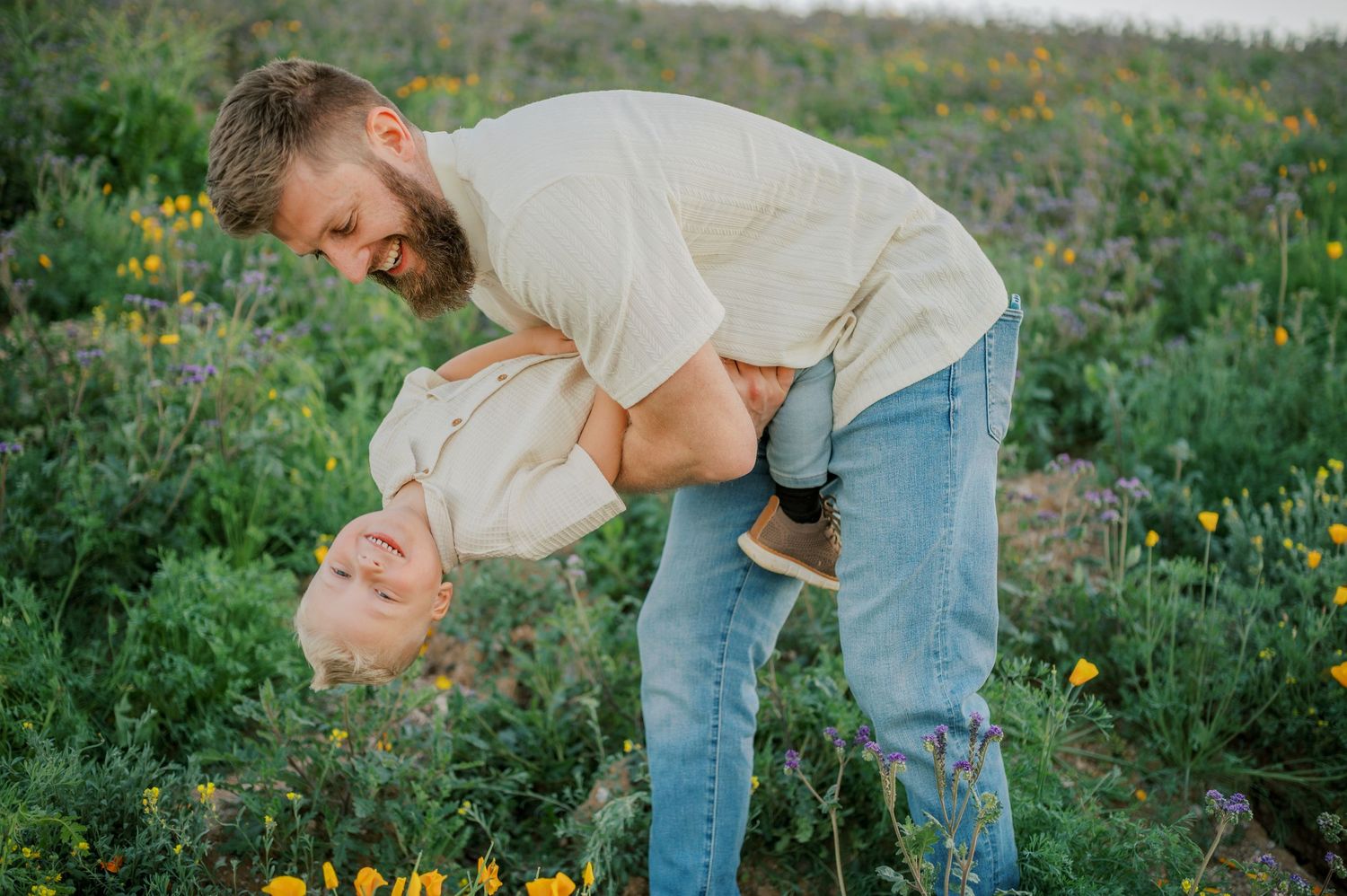 A sequence of six photos showing someone picking yellow flowers in a lush green meadow on a sunny day. Phoenix Arizona family photographer.