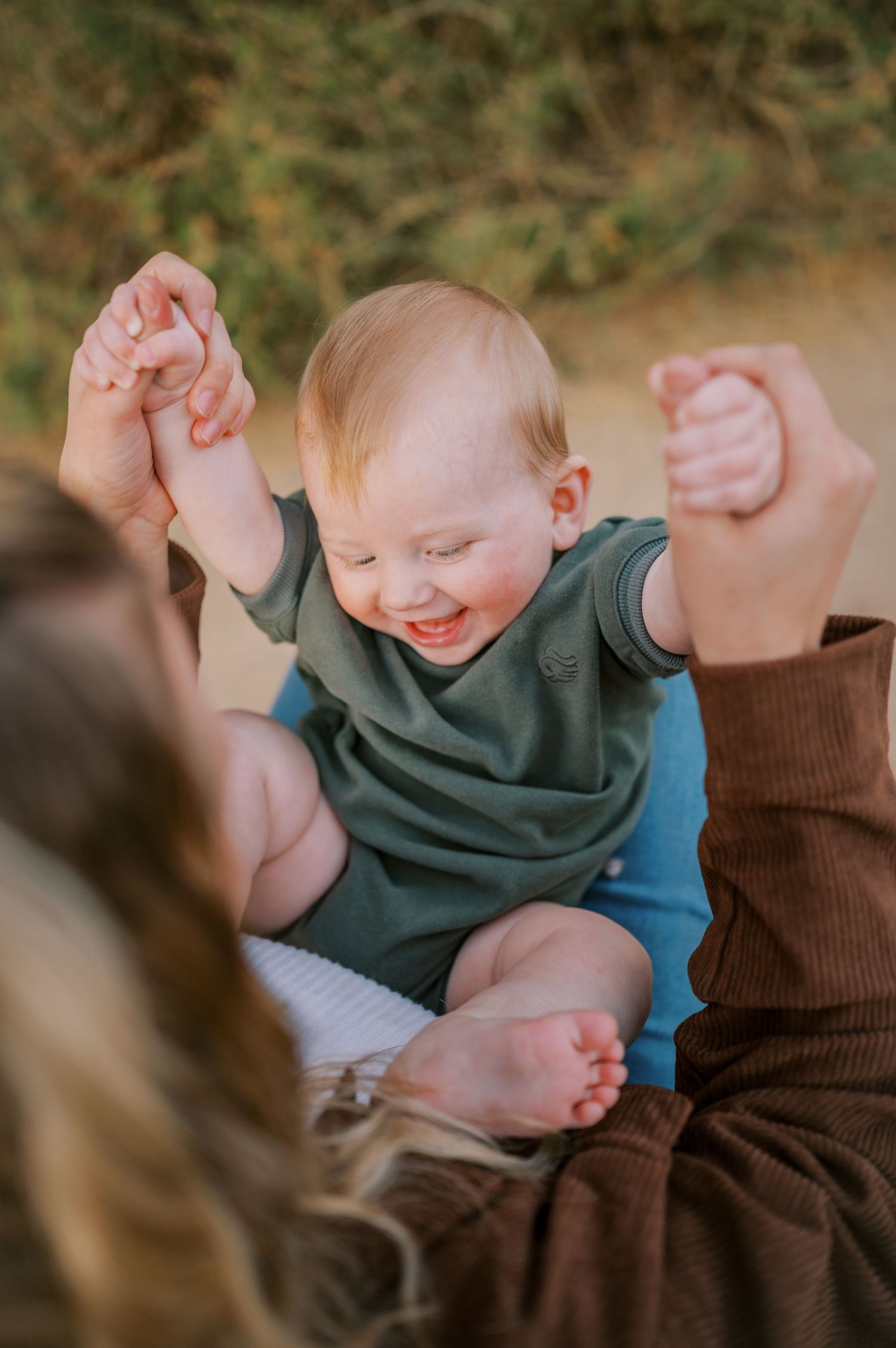 A series of four connected photos showing joyful expressions and movement in green and brown tones. Phoenix Arizona family photographer.